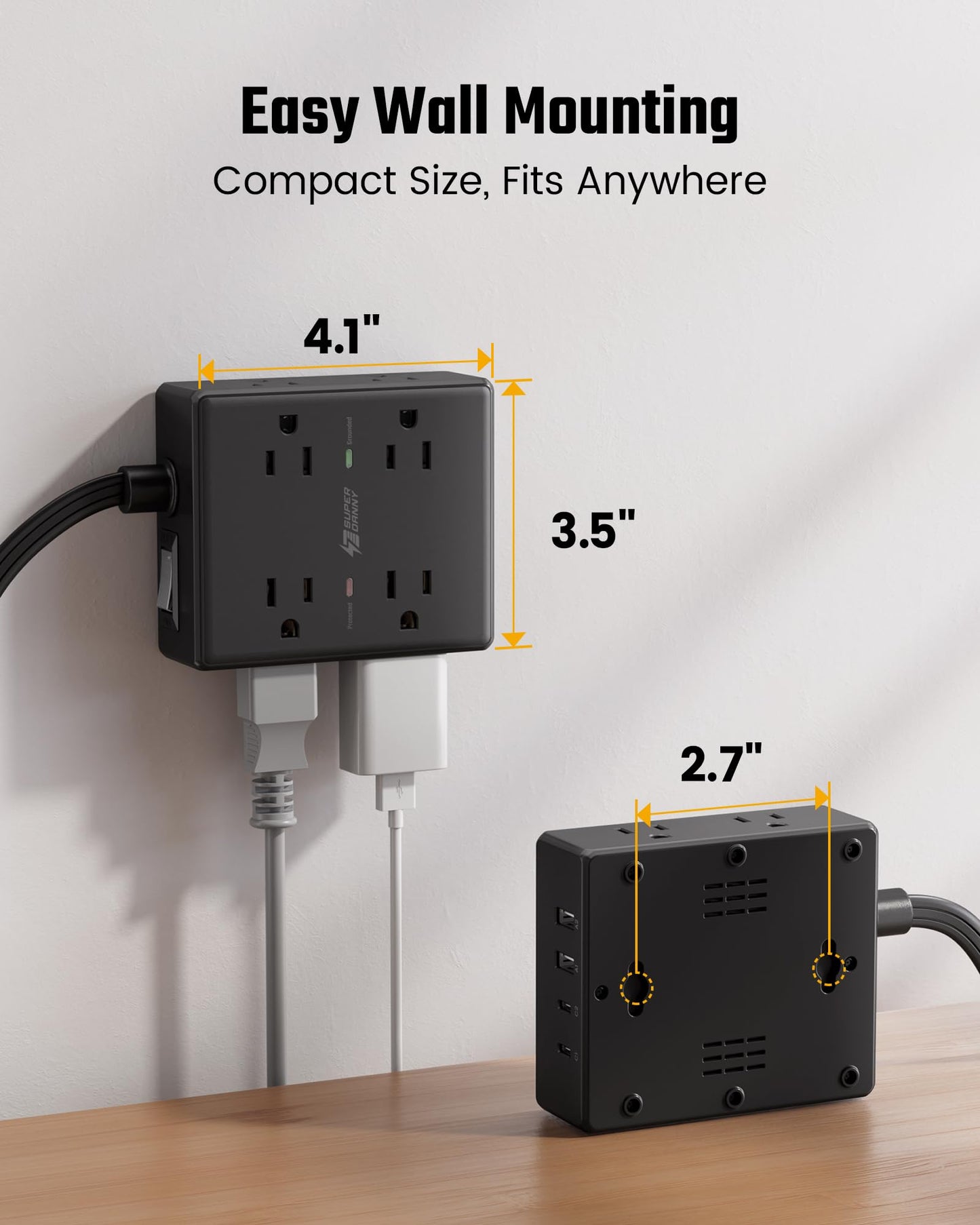 SUPERDANNY Extension Cord,Flat Plug Surge Protector Power Strip,10Ft