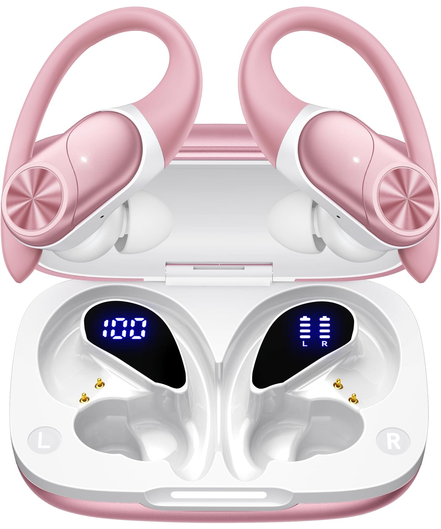 PocBuds Bluetooth Headphones Wireless Earbuds 80hrs Playtime Wireless Charging Case Digital Display Sports Ear Buds with Earhook Deep Bass IPX7 Waterproof Over-Ear Earphones for TV Phone Laptop Olive