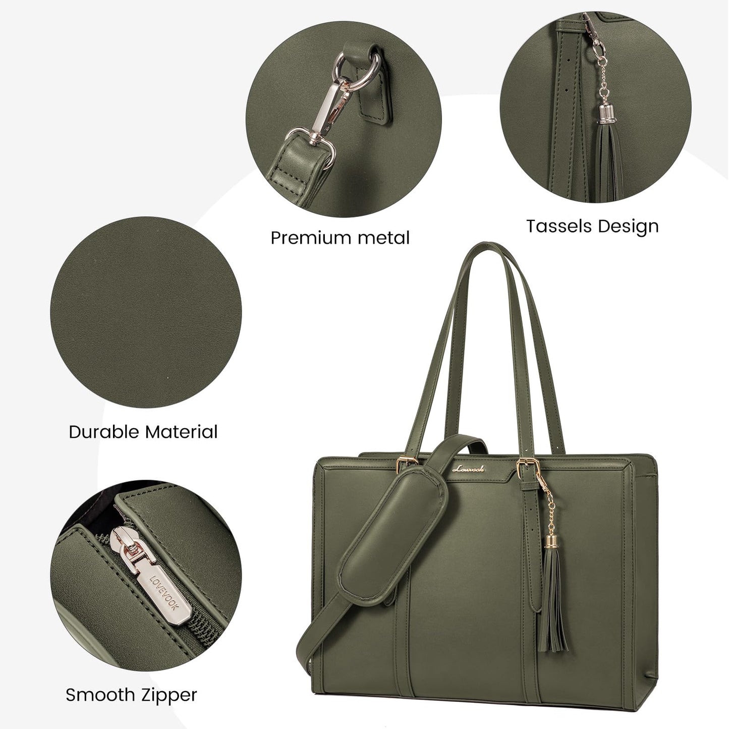 LOVEVOOK Laptop Bag for Women 15.6 inch Lightweight PU Laptop Tote Bag, Large Capacity Computer bag with Clutch Purse for Business, Work, Office, Travel, School,Casual(Black & Leather)