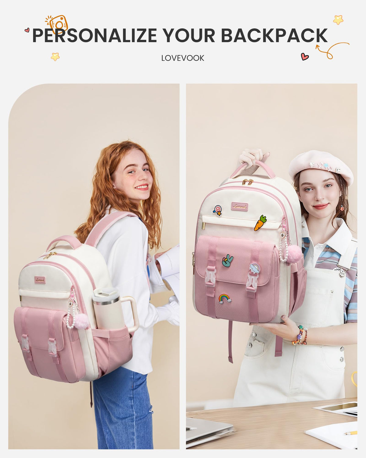 LOVEVOOK School Backpack for Teen Girls, Cute Student Backpack Purse Kid Bookbag for 8-17 Teenage, Back to School Backpacks Fit 15.6 Inch Laptop, College Travel Bag with Large Water Bottle Holder