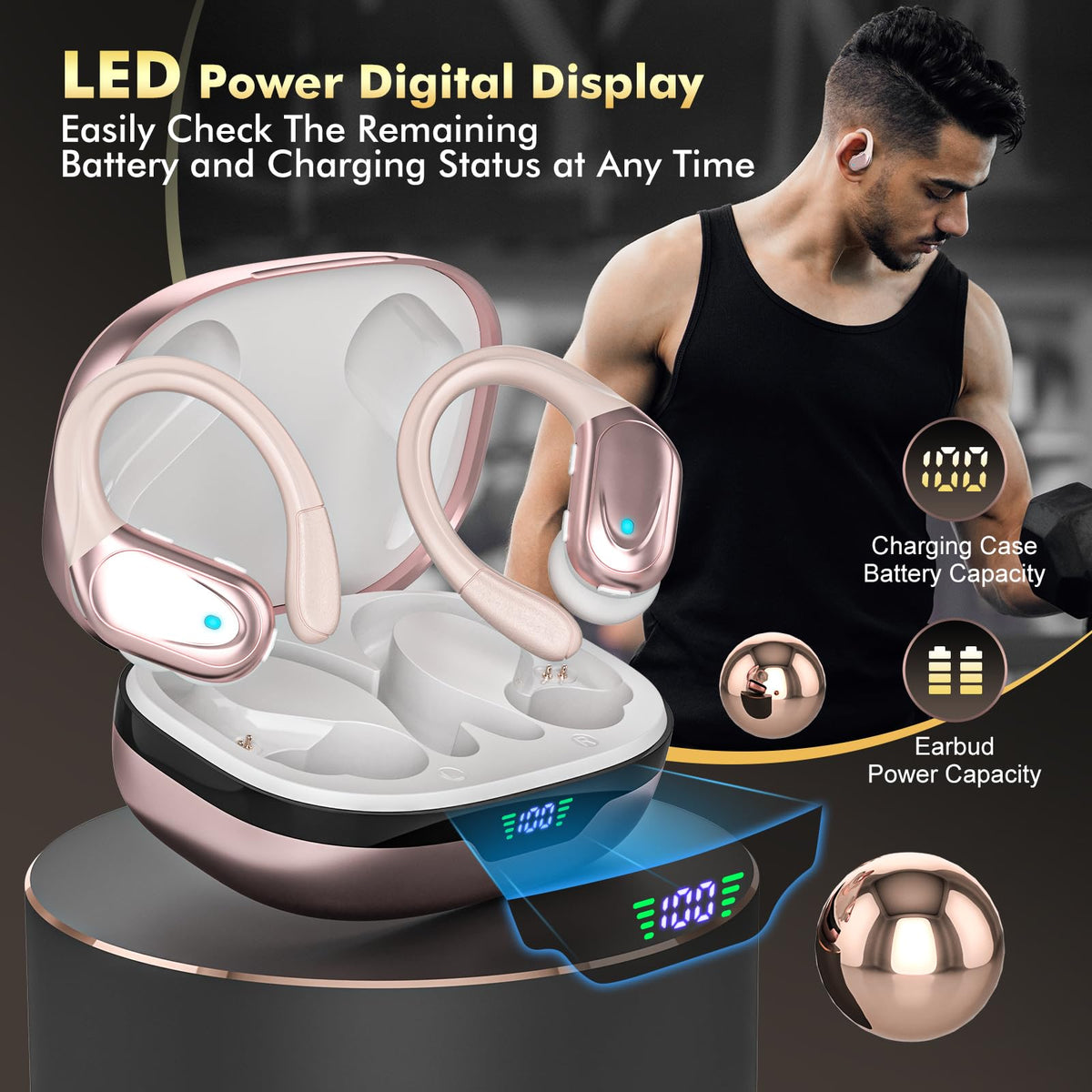 HAOYUYAN Wireless Earbuds, Sports Bluetooth Headphones, 80Hrs Playtime Ear Buds with LED Power Display, Noise Canceling Headset, IPX7 Waterproof Earphones for Workout/Running（Light Green）
