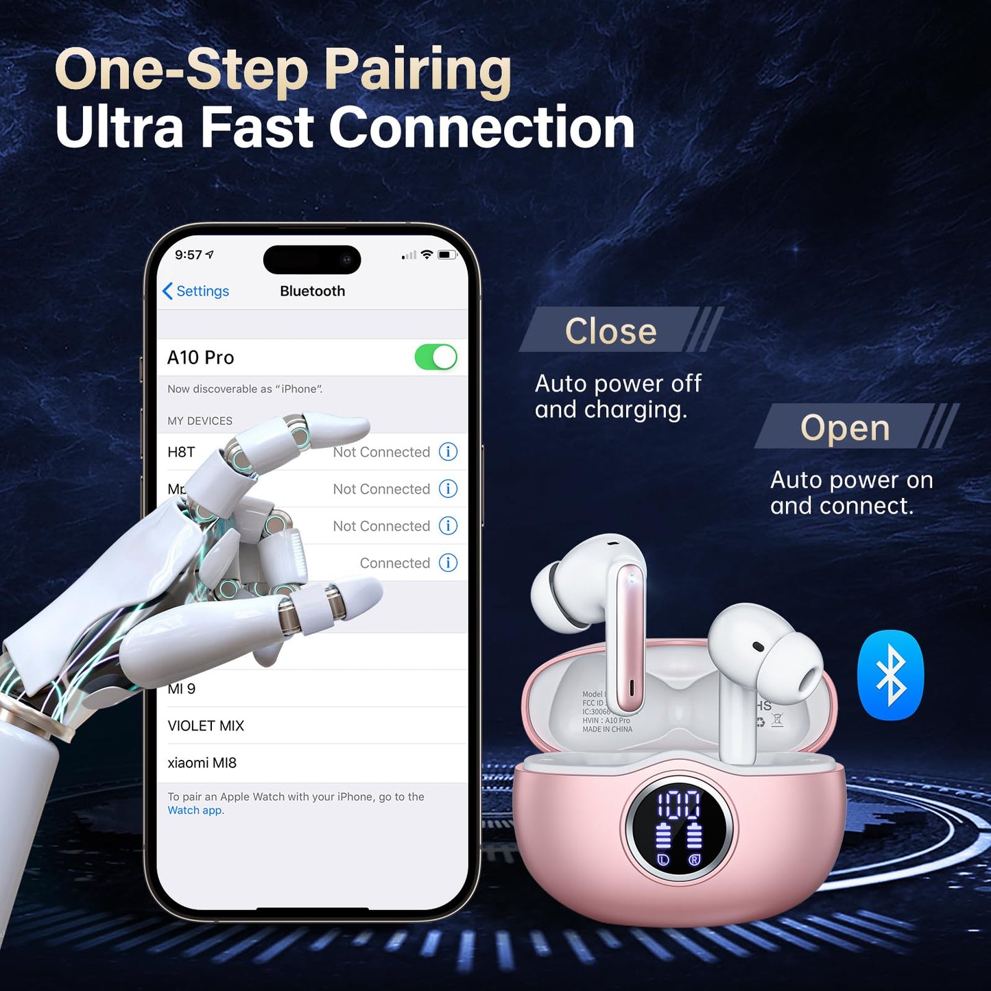 Wireless Earbuds, Bluetooth 5.3 Headphones HiFi Stereo 50H Playback LED Digital Display Ear Buds with ENC Noise Canceling Headset, IPX7 Waterproof Earphones for Gym/Running/Work(Black)