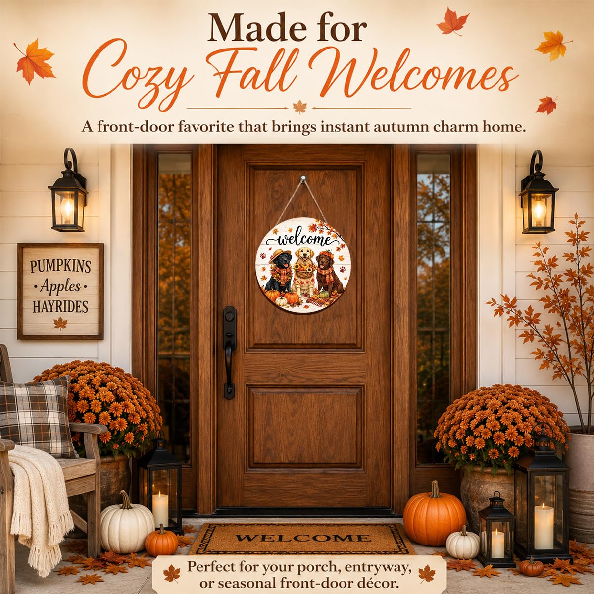 Fall Door Decor Wooden Pumpkin Door Hanger, Welcome Sign for Front Door