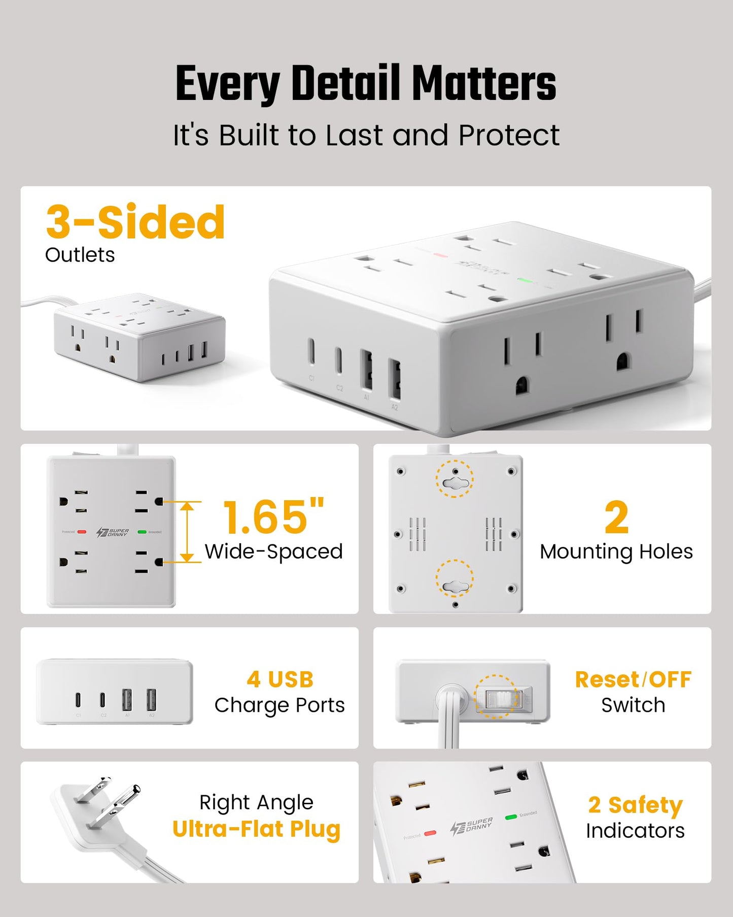 SUPERDANNY Extension Cord,Flat Plug Surge Protector Power Strip,10Ft