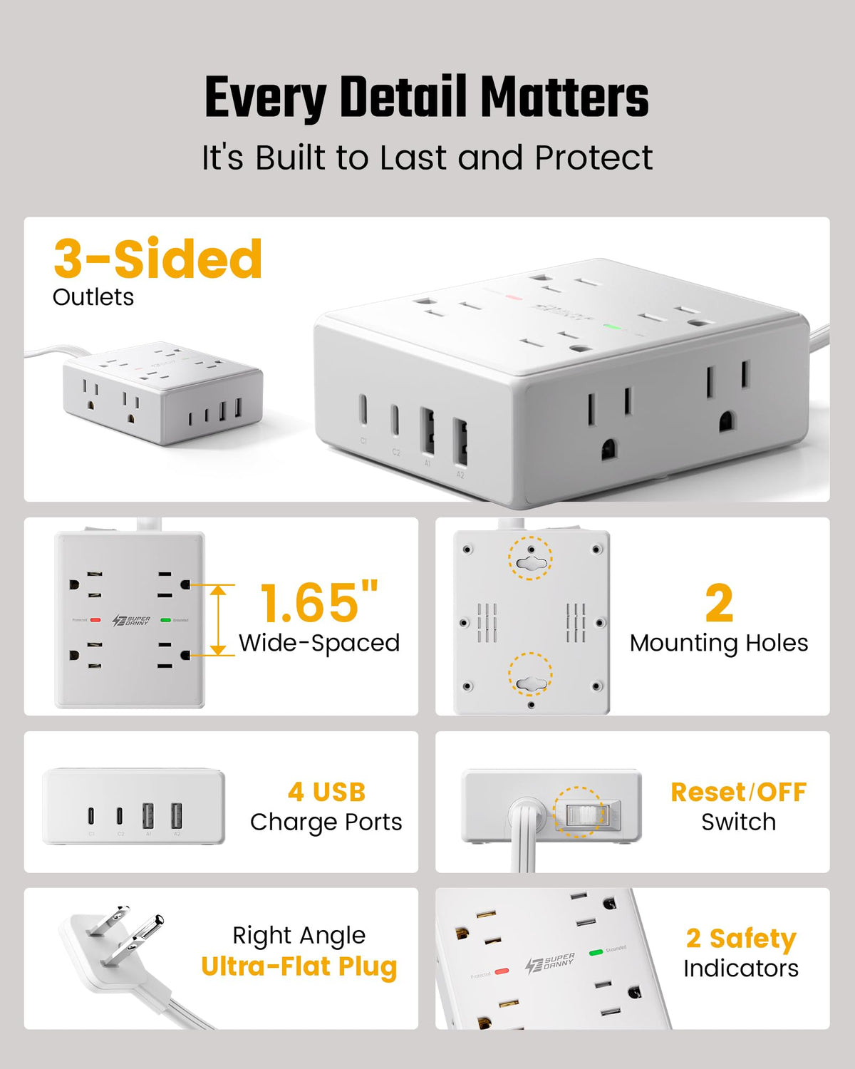 SUPERDANNY Extension Cord,Flat Plug Surge Protector Power Strip,10Ft