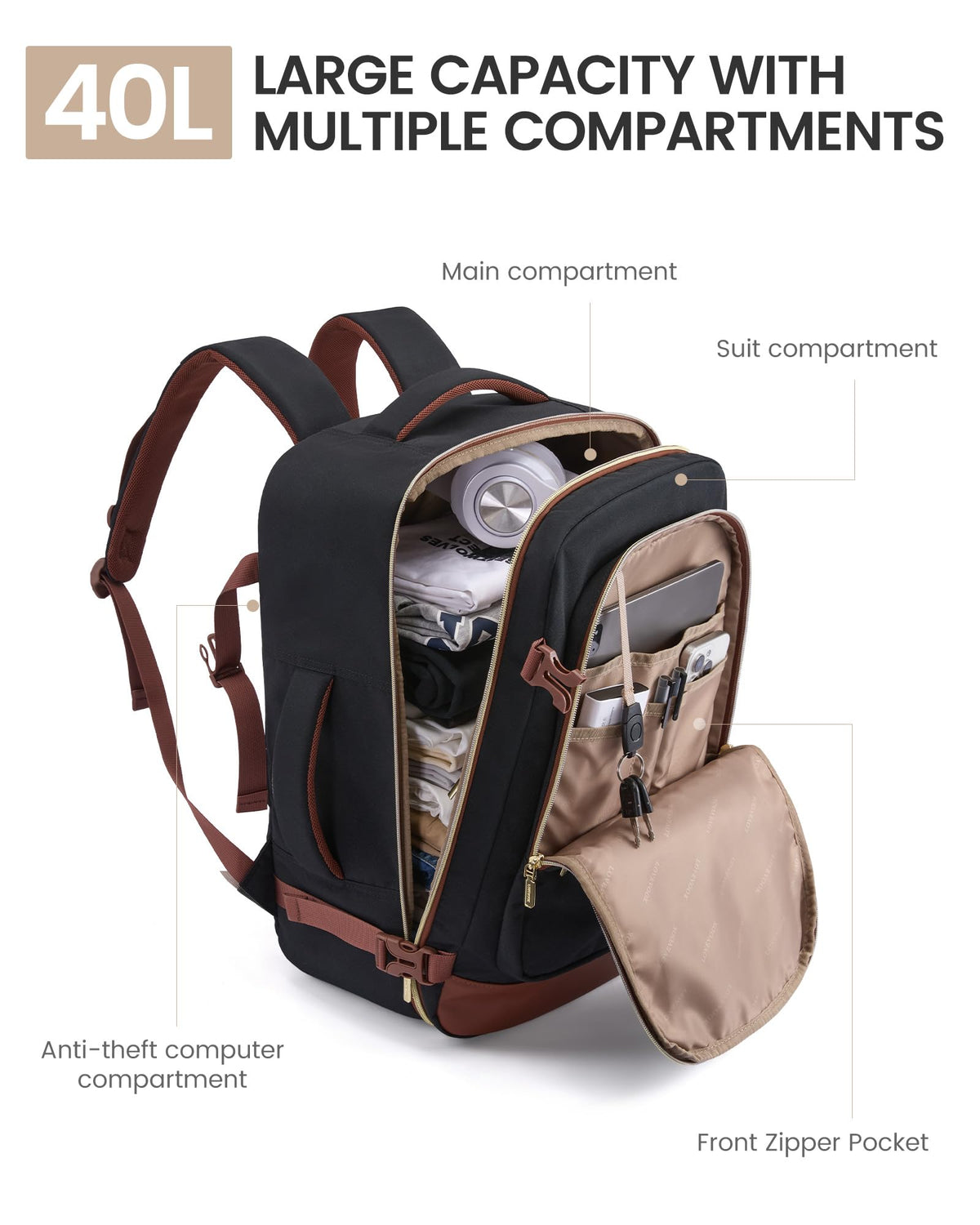 LOVEVOOK 40L Travel Backpack for Women Men with Garment Bag, Airline Approved Carry on Luggage Travel Essentials with 3 Packing Cubes, TSA Overnight Bags Weekender Essentials Backpacks fits 17" Laptop