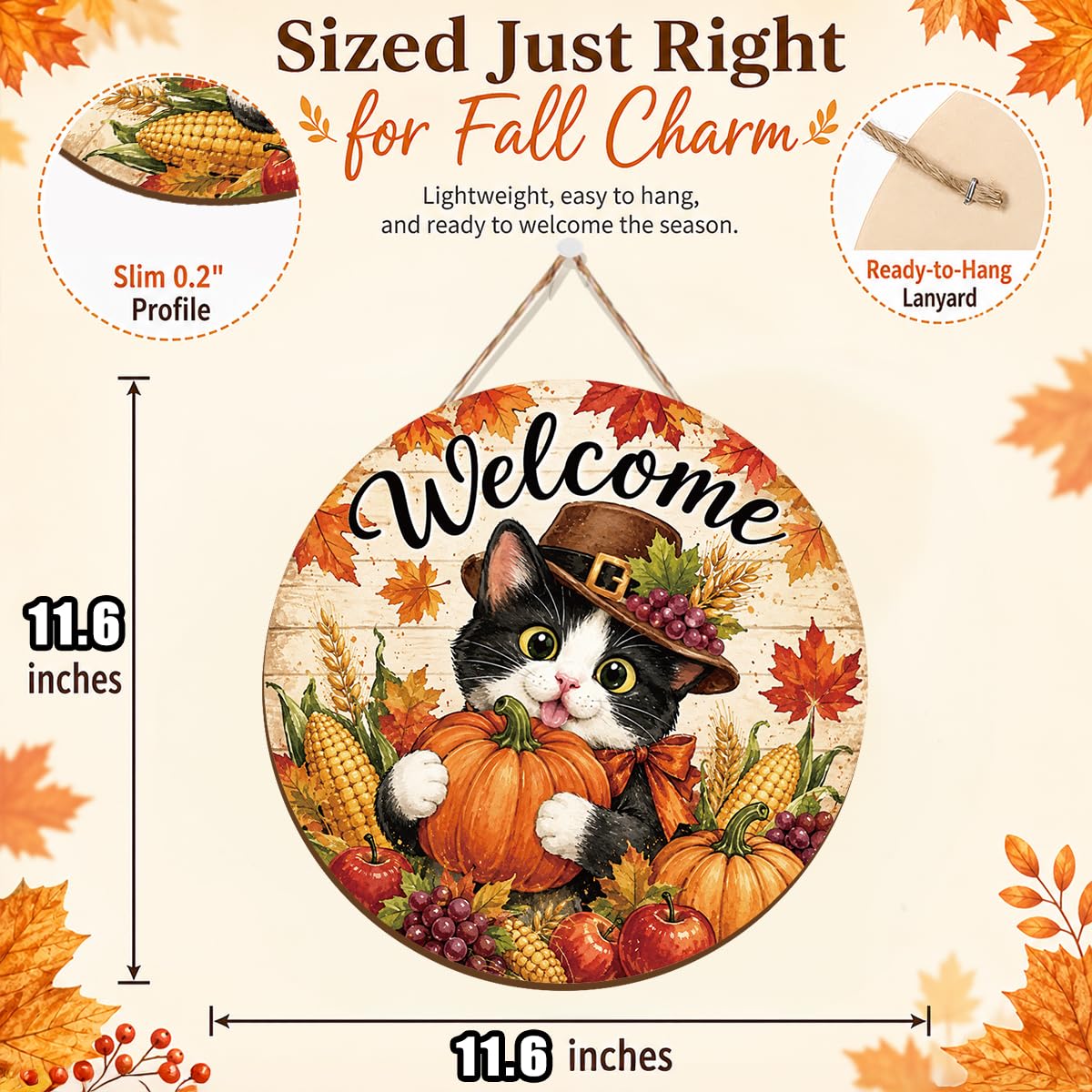 Fall Door Decor Wooden Pumpkin Door Hanger, Welcome Sign for Front Door
