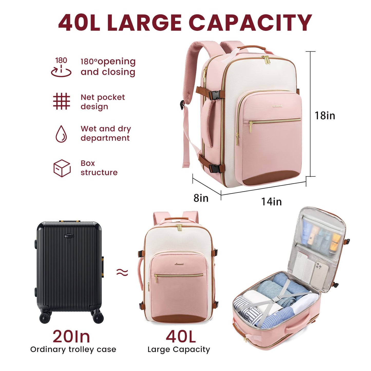 LOVEVOOK 40L Large Travel Backpack for Women Men, 17 Inch Carry on Backpack for Traveling on Airplane, Personal Item Bag Airline Approved, Business Causal Weekender Backpack, Black-Brown