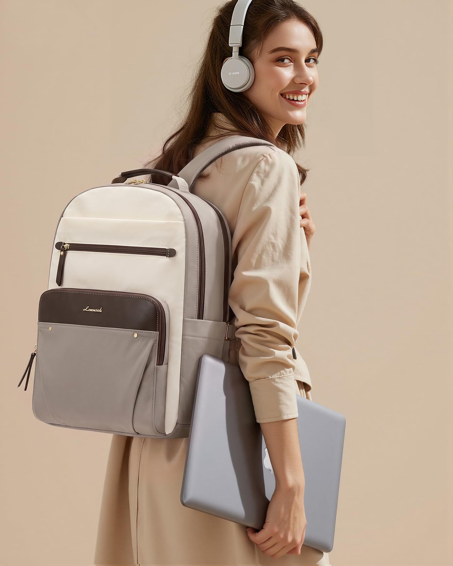 LOVEVOOK Laptop Backpack for Women with Leather Trim & Tumbler Pockets, 15.6" Work Backpack Purse, Travel Personal Item Bag, Carry On Business Computer Bag for Office, School, or Gift, Sage Green
