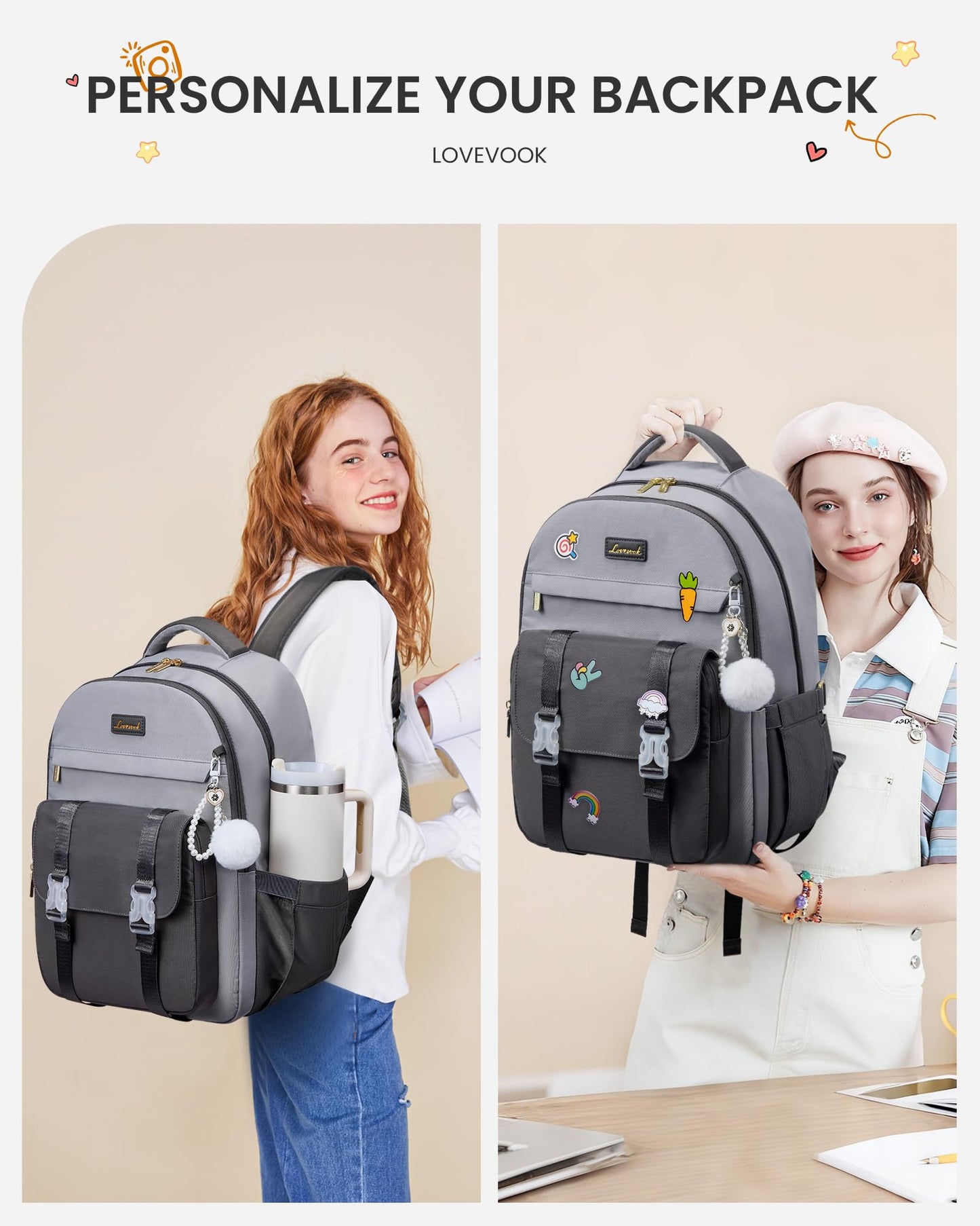 LOVEVOOK School Backpack for Teen Girls, Cute Student Backpack Purse Kid Bookbag for 8-17 Teenage, Back to School Backpacks Fit 15.6 Inch Laptop, College Travel Bag with Large Water Bottle Holder