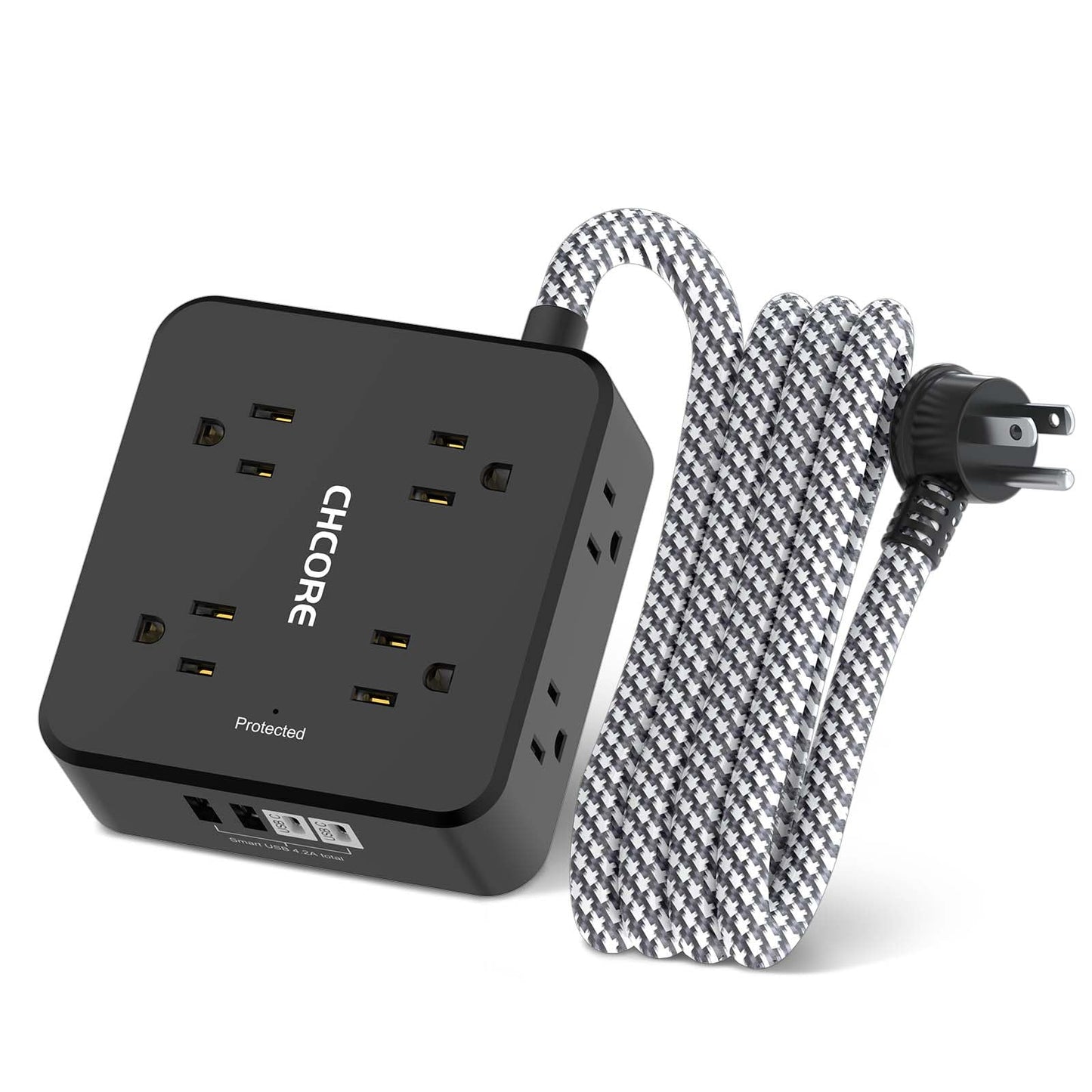 Surge Protector Power Strip - CHCORE 6Ft Braided Extension Cord with 8 Outlets with 4 USB (2 USB C) Charging Ports, Flat Plug Multi Plug Outlet Extender Charging Station for Home Office, ETL, White