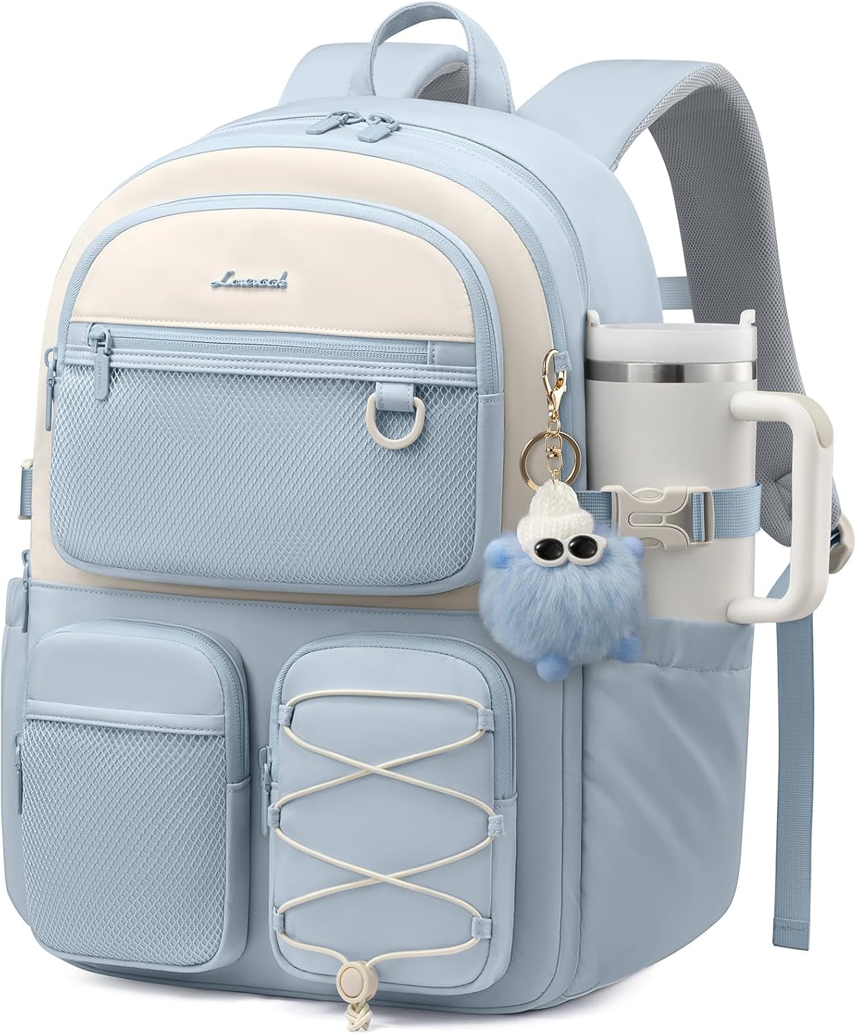 LOVEVOOK School Backpack for Teen Girls, Student Cute Bookbag Purse for Middle High School, 15.6 Inch Laptop Kid Backpack Back to School with Large Cup Holder, College Travel Bag, Beige Blue