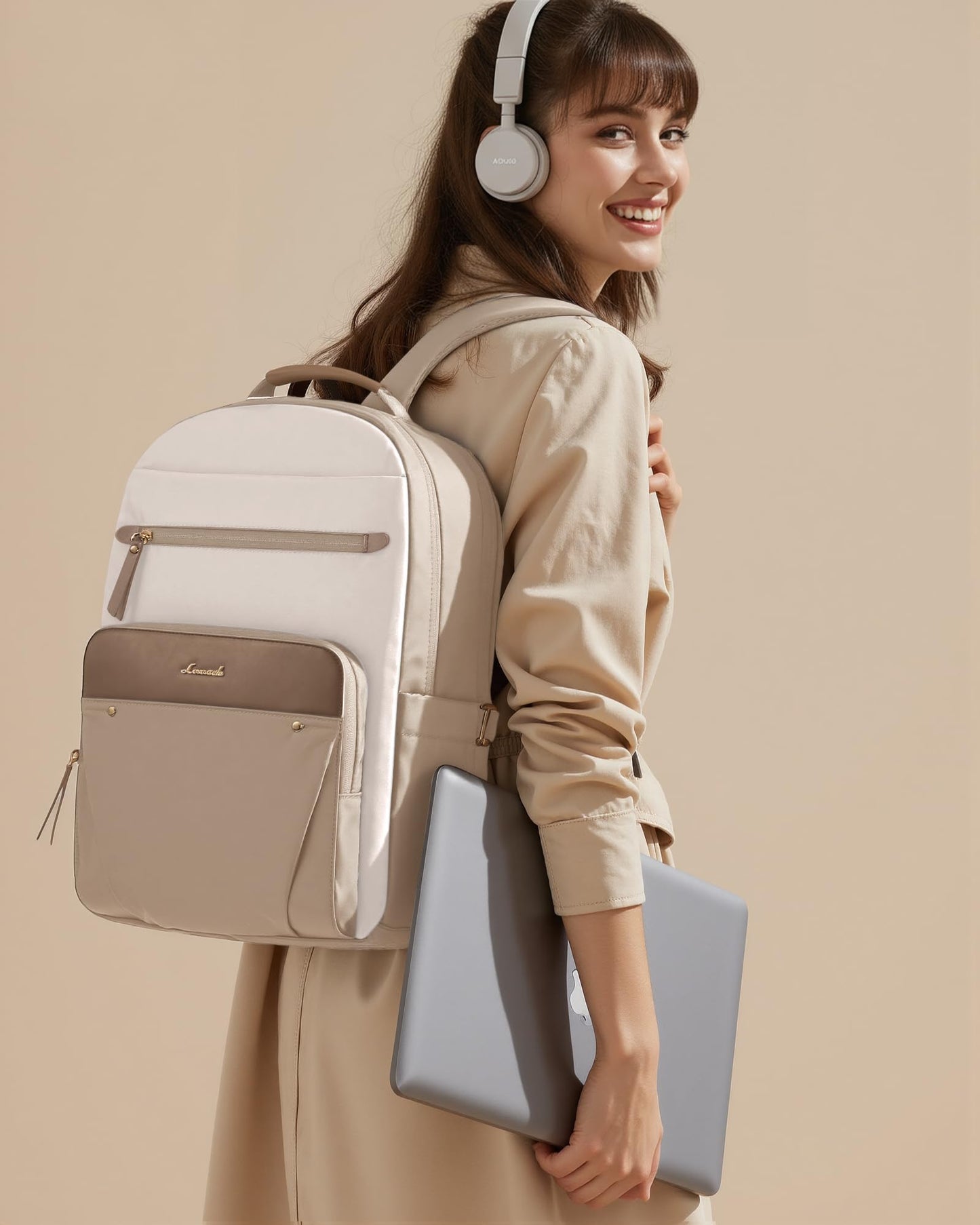 LOVEVOOK Laptop Backpack for Women with Leather Trim & Tumbler Pockets, 15.6" Work Backpack Purse, Travel Personal Item Bag, Carry On Business Computer Bag for Office, School, or Gift, Sage Green