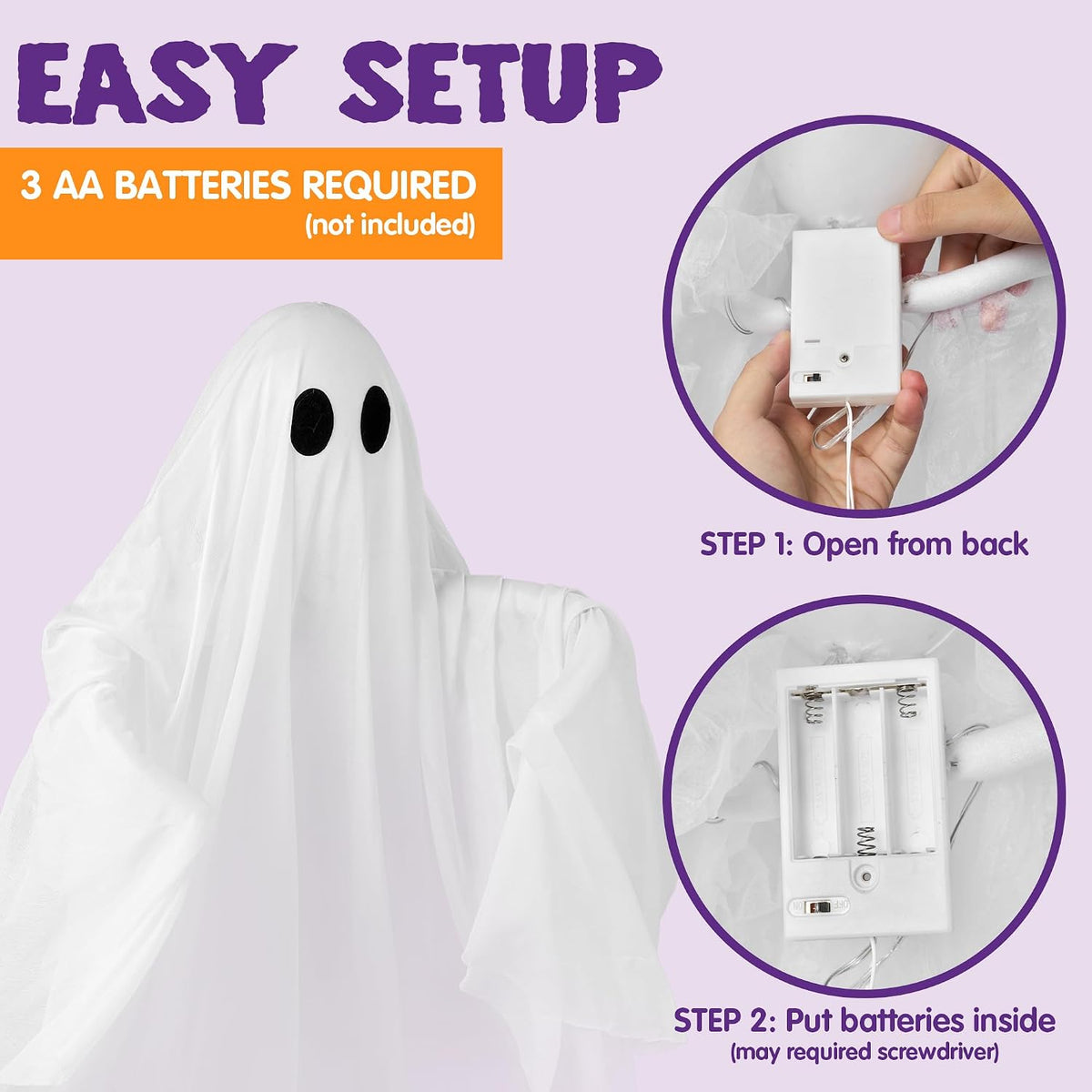 JOYIN Halloween Hanging Light up Ghost, 47" White Ghosts with Purple LED Light and Timer Halloween Hanging Decoration Waterproof for Front Yard Patio LawnGarden Party Decor Indoor Outdoor