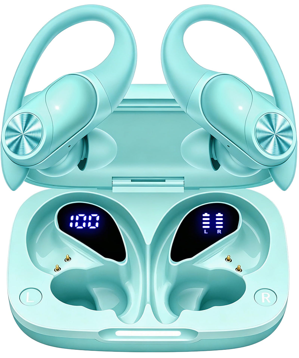 PocBuds Bluetooth Headphones Wireless Earbuds 80hrs Playtime Wireless Charging Case Digital Display Sports Ear Buds with Earhook Deep Bass IPX7 Waterproof Over-Ear Earphones for TV Phone Laptop Olive
