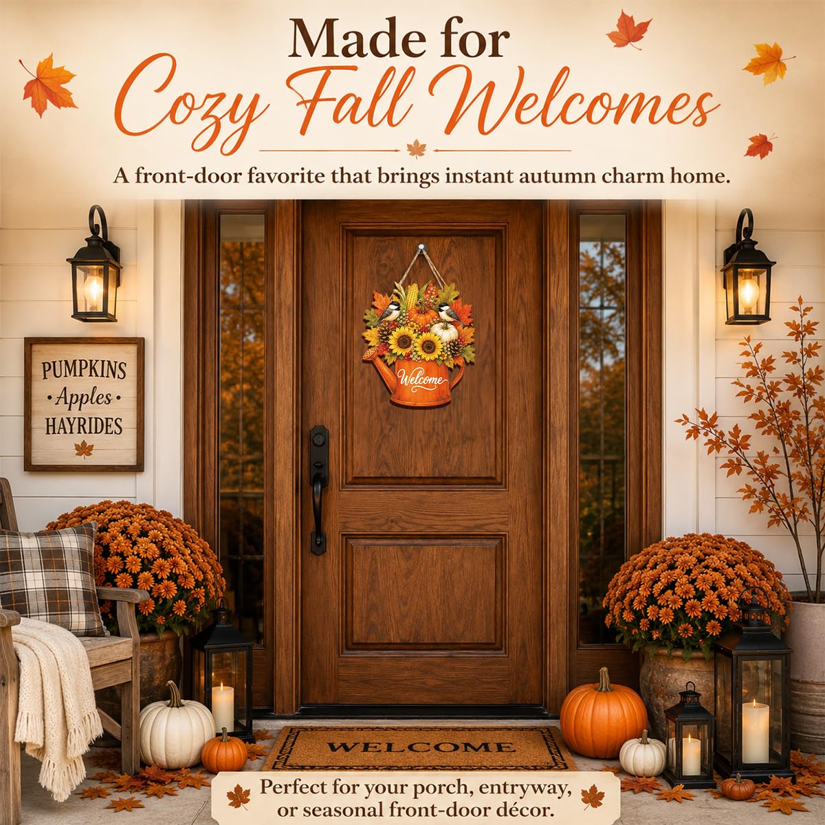 Fall Door Decor Wooden Pumpkin Door Hanger, Welcome Sign for Front Door