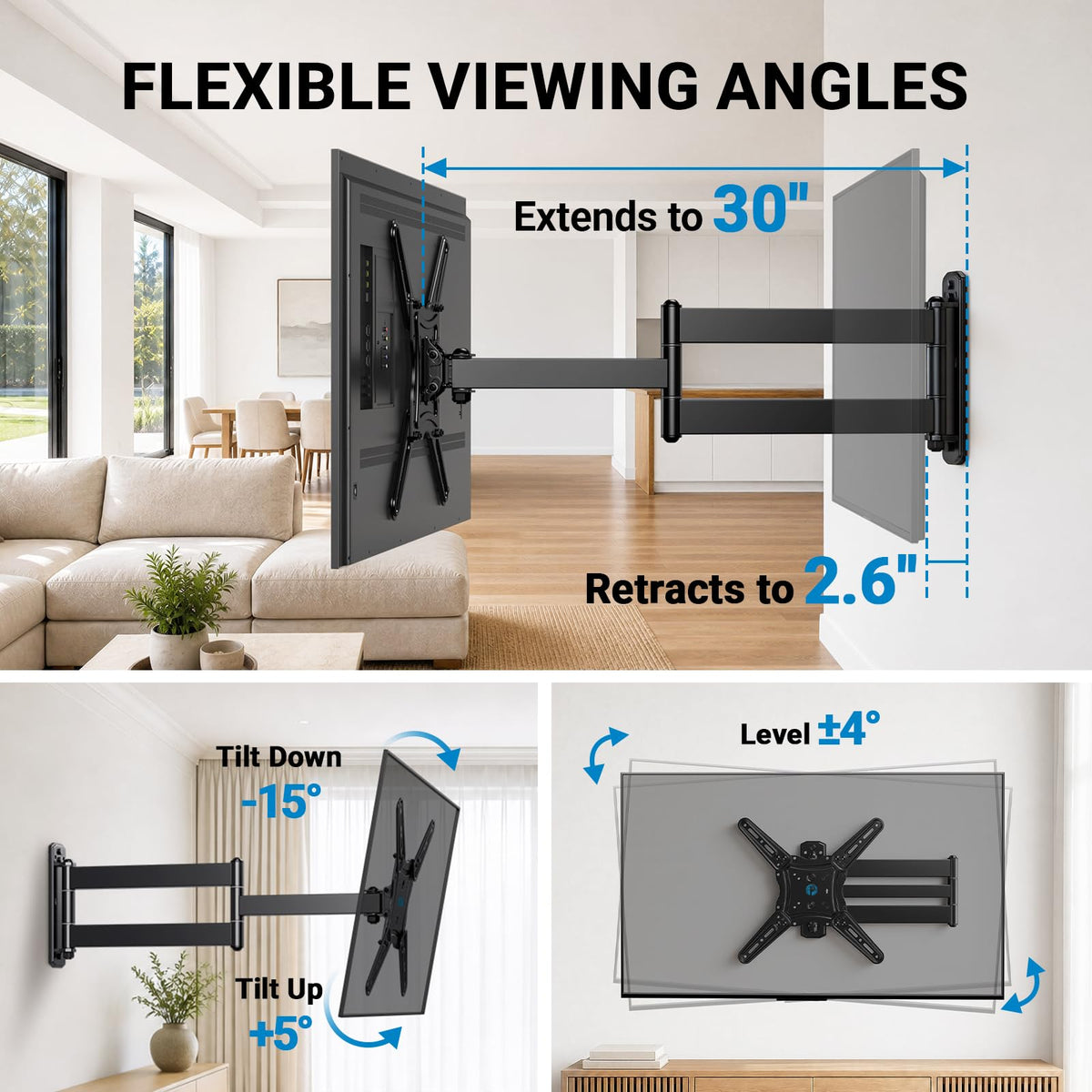 Pipishell Full Motion TV Wall Mount for Echo Show 21/15 and 13-43 Inch Flat Curved Screen TVs & Monitors, Max VESA 200x200mm up to 44lbs, TV Mount Wall Bracket with Rotation Swivel Tilt Extension