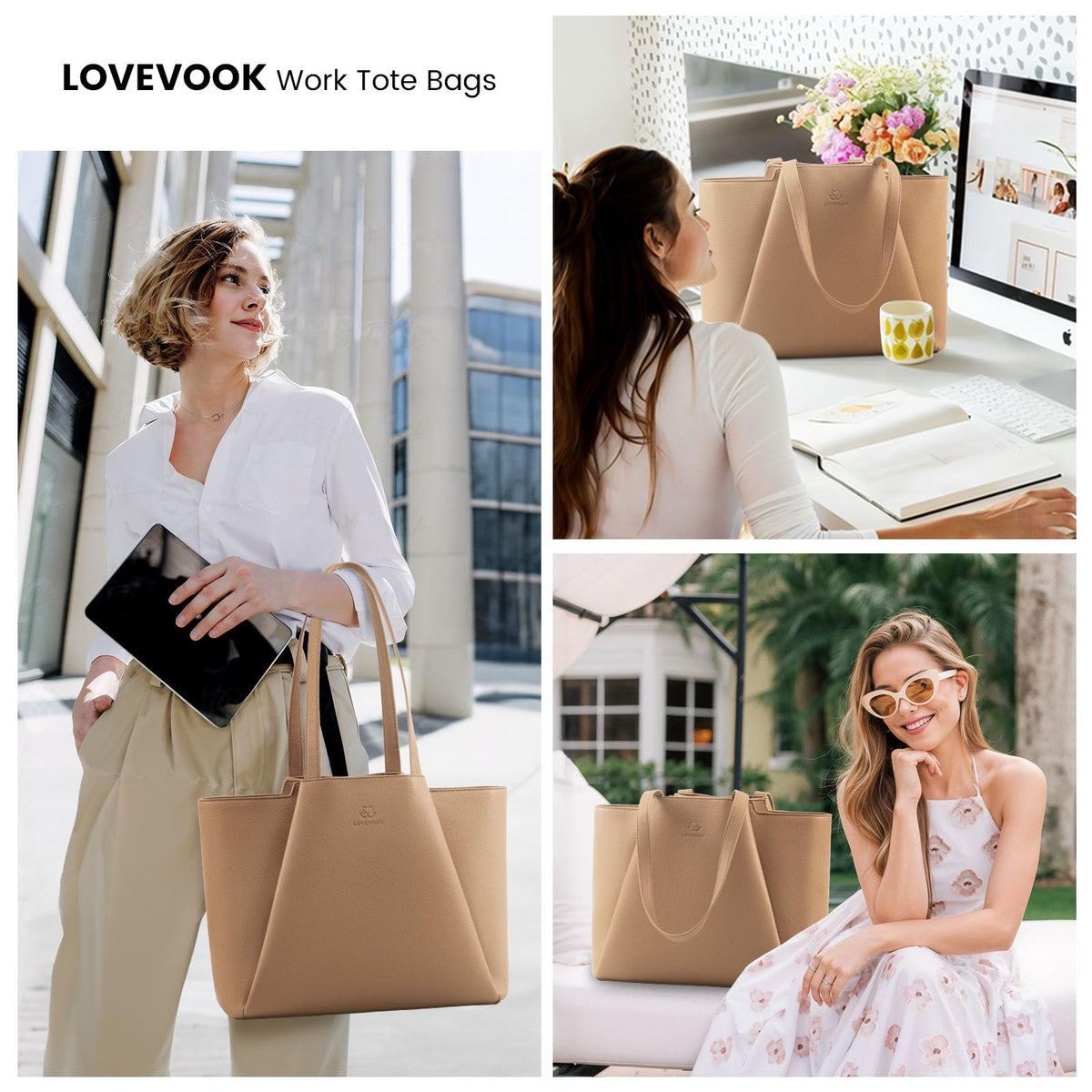LOVEVOOK Laptop Tote for Women - 15.6 Inch Faux Leather Laptop Bag with Clutch, Large Capacity Office Purse Computer
