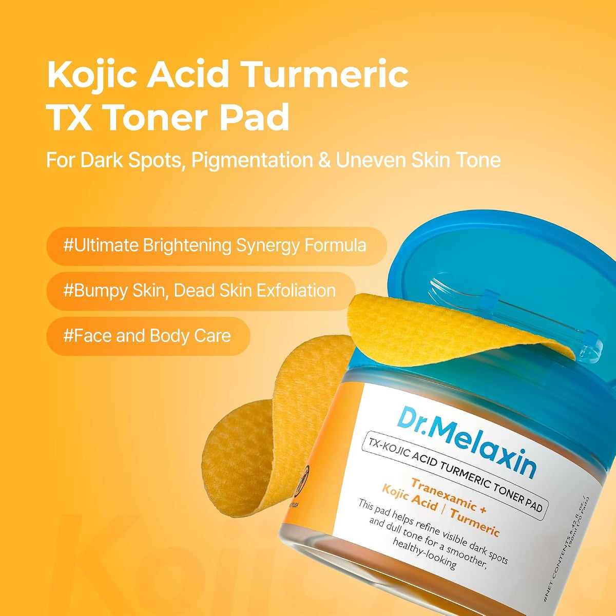 Dr.Melaxin TX Kojic Acid Turmeric Toner Pads with Tranexamic Acid, Brightening Toner Pad for Pigmentation & Dark Spot Care, Gentle Keratin Care for Radiant Skin, Korean Skincare, 70 Sheets