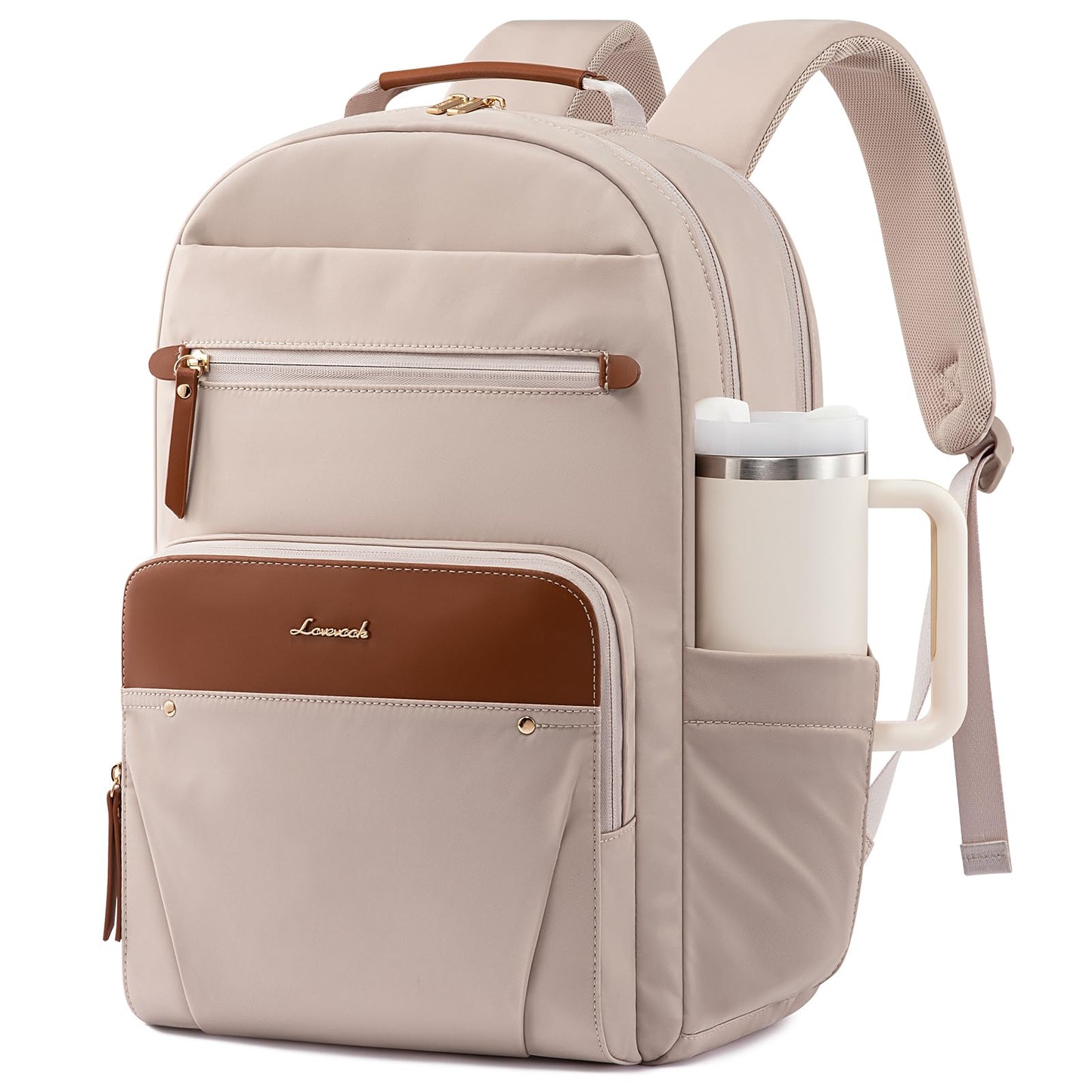 LOVEVOOK Laptop Backpack for Women with Leather Trim & Tumbler Pockets, 15.6" Work Backpack Purse, Travel Personal Item Bag, Carry On Business Computer Bag for Office, School, or Gift, Sage Green