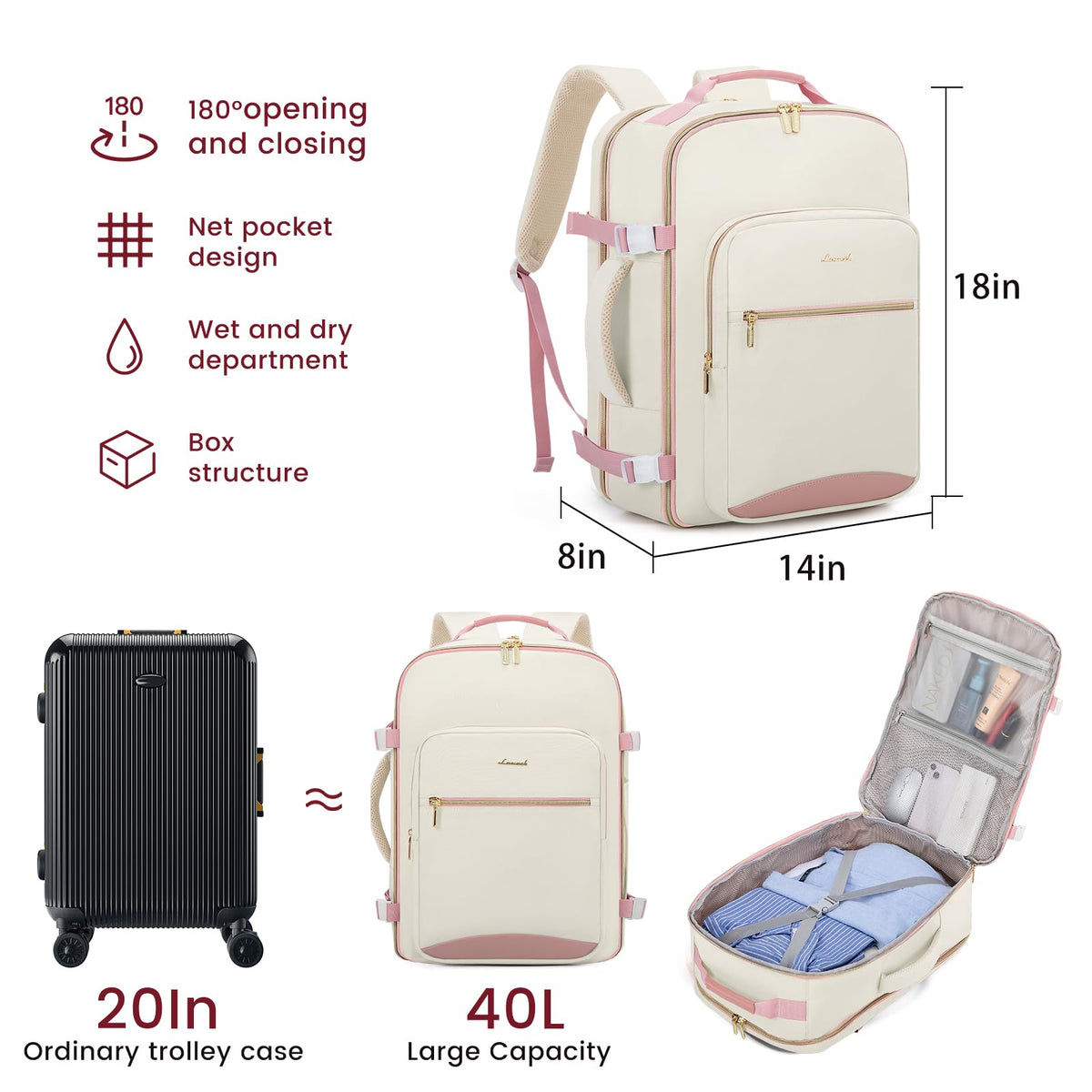 LOVEVOOK 40L Large Travel Backpack for Women Men, 17 Inch Carry on Backpack for Traveling on Airplane, Personal Item Bag Airline Approved, Business Causal Weekender Backpack, Black-Brown