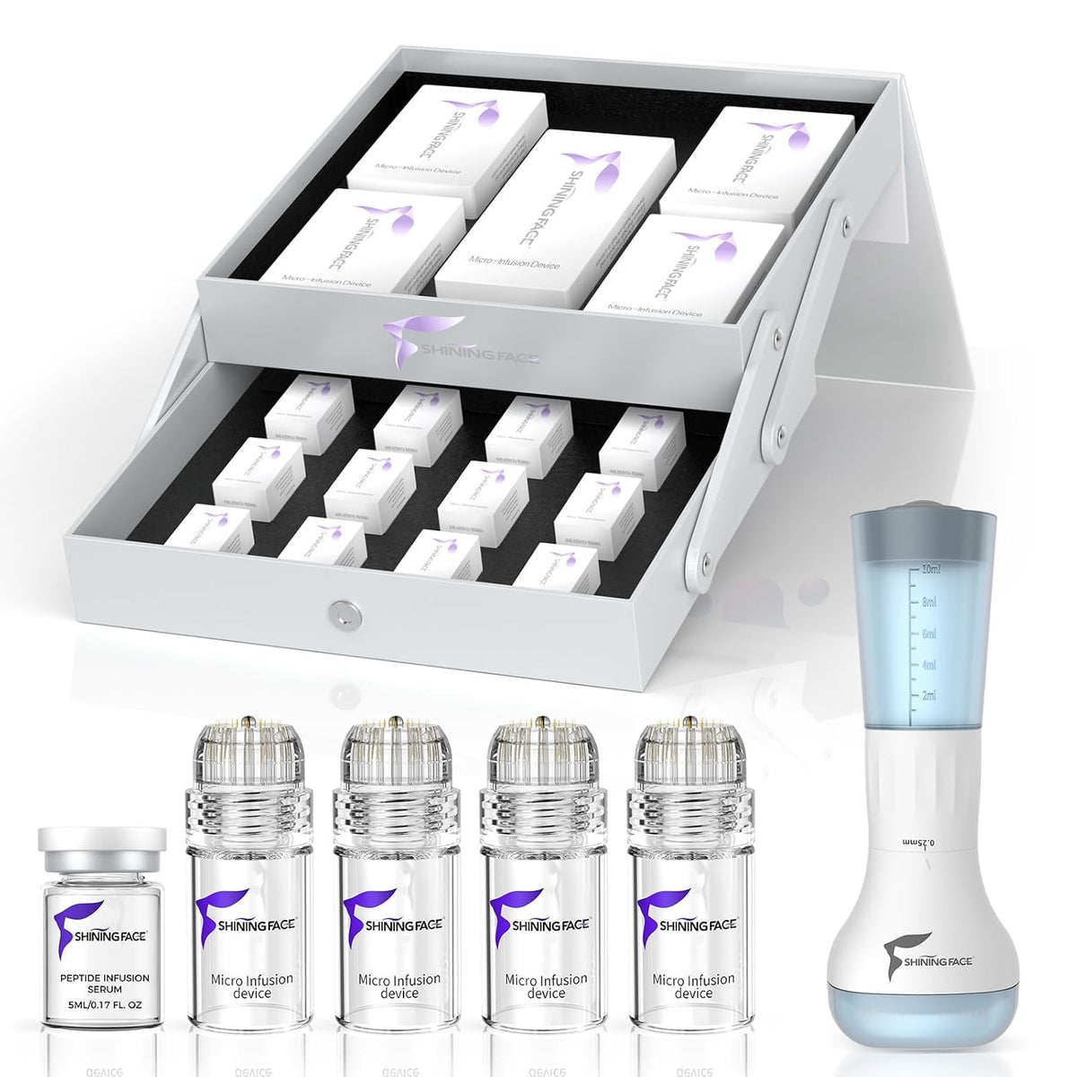 Micro Infusion System for Face & Neck-Micro Infusion Kit to Leave Skin Firmer & Smoother-0.25mm Facial Stamp with Collagen & Hyaluronic Acid Serum for At Home Glow and Anti-aging-3 Month Supply