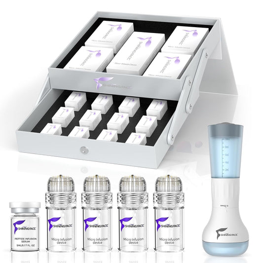 Micro Infusion System for Face & Neck-Micro Infusion Kit to Leave Skin Firmer & Smoother-0.25mm Facial Stamp with Collagen & Hyaluronic Acid Serum for At Home Glow and Anti-aging-3 Month Supply