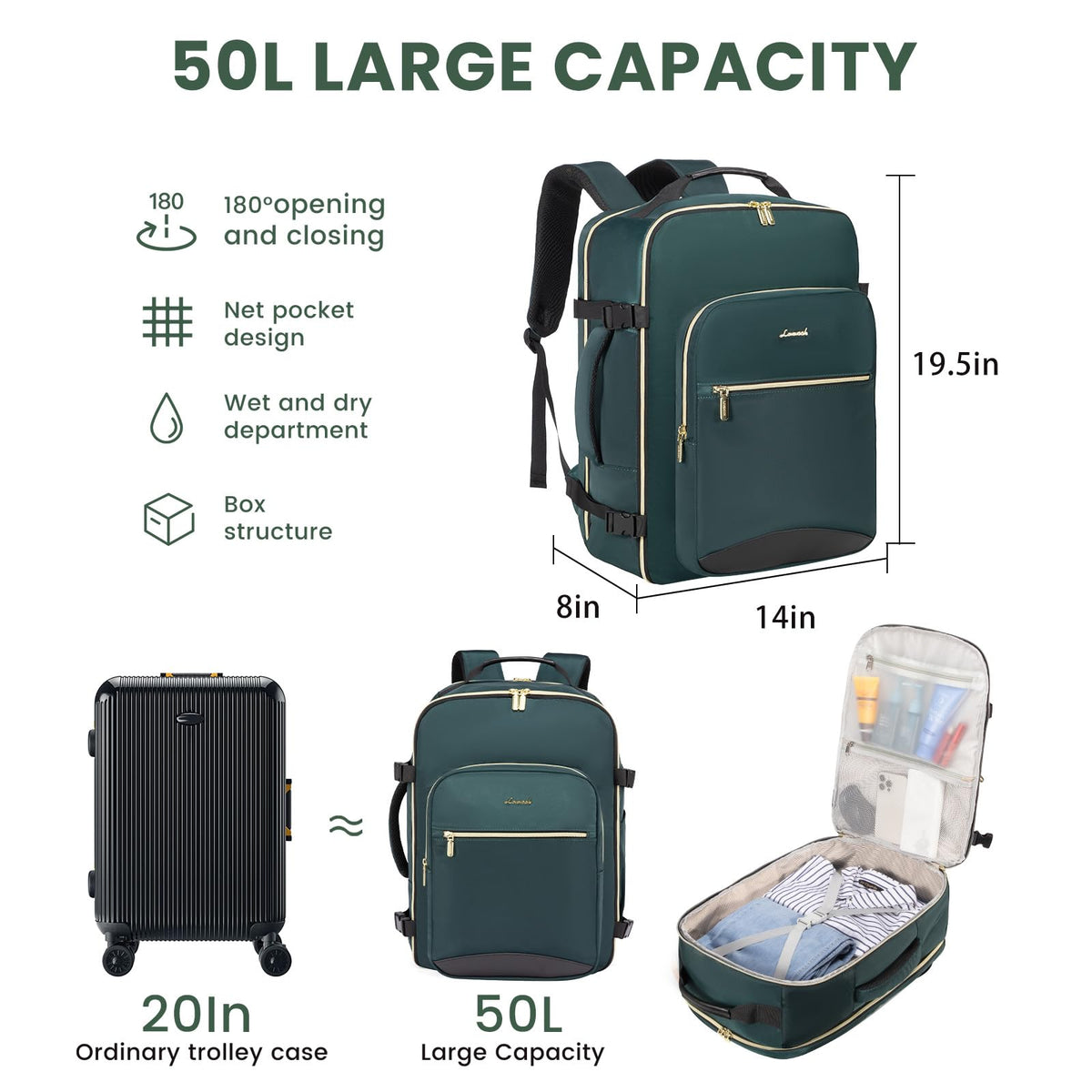 LOVEVOOK 40L Large Travel Backpack for Women Men, 17 Inch Carry on Backpack for Traveling on Airplane, Personal Item Bag Airline Approved, Business Causal Weekender Backpack, Black-Brown