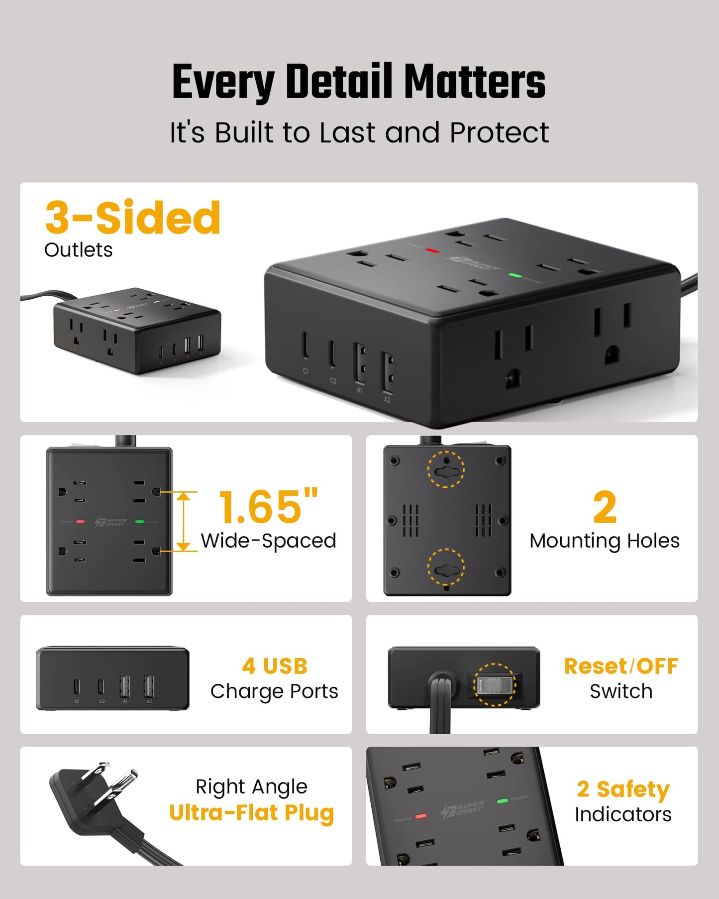 SUPERDANNY Extension Cord,Flat Plug Surge Protector Power Strip,10Ft