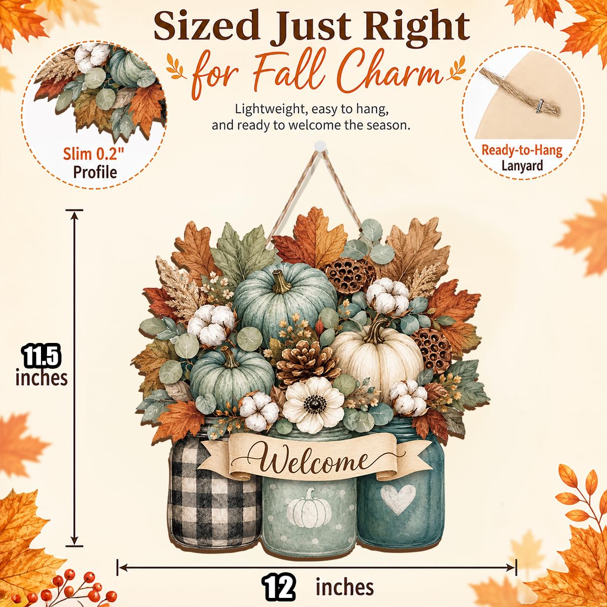 Fall Door Decor Wooden Pumpkin Door Hanger, Welcome Sign for Front Door