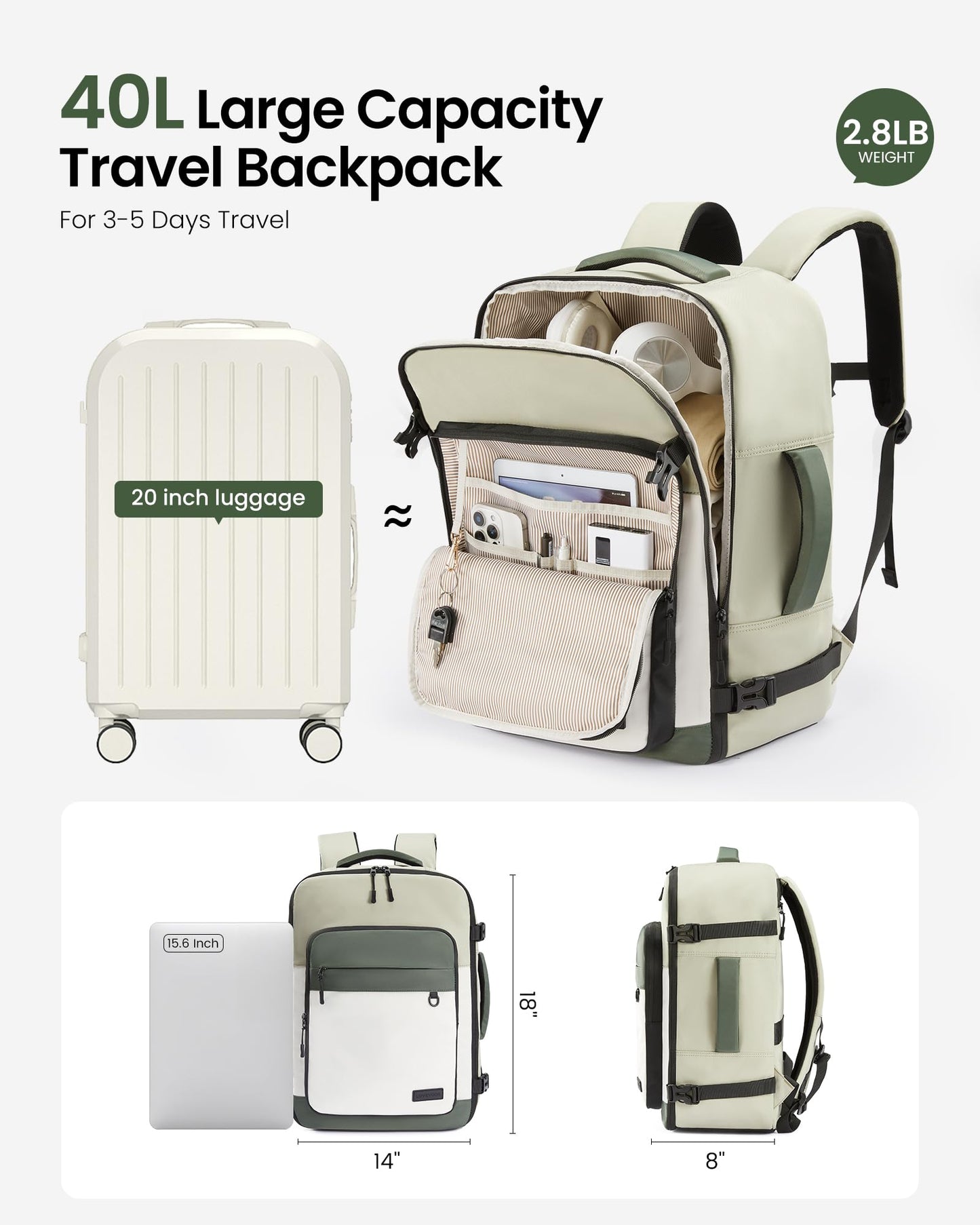 LOVEVOOK 40L Travel Backpack for Women Men, Carry on Backpack for Travel