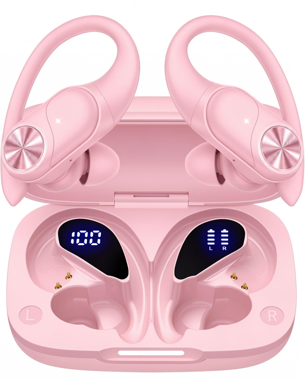 PocBuds Bluetooth Headphones Wireless Earbuds 80hrs Playtime Wireless Charging Case Digital Display Sports Ear Buds with Earhook Deep Bass IPX7 Waterproof Over-Ear Earphones for TV Phone Laptop Olive