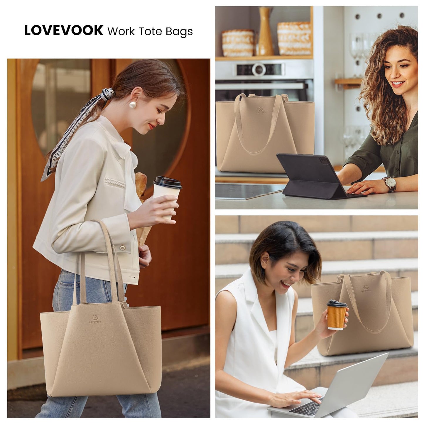 LOVEVOOK Laptop Tote for Women - 15.6 Inch Faux Leather Laptop Bag with Clutch, Large Capacity Office Purse Computer