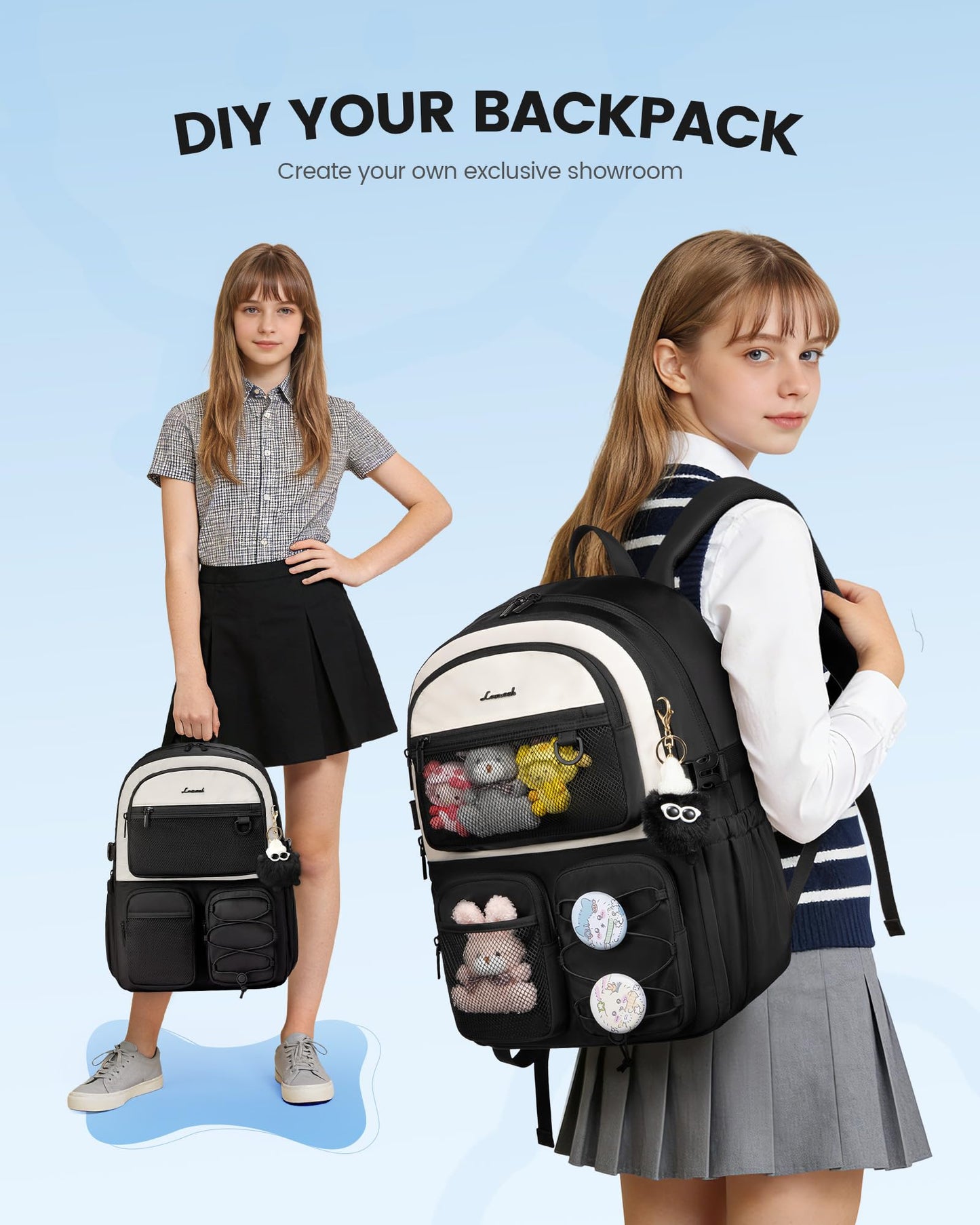 LOVEVOOK School Backpack for Teen Girls, Student Cute Bookbag Purse for Middle High School, 15.6 Inch Laptop Kid Backpack Back to School with Large Cup Holder, College Travel Bag, Beige Blue