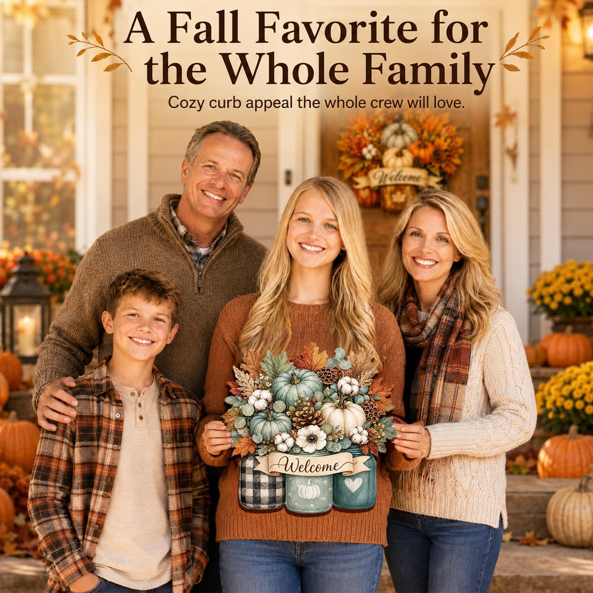 Fall Door Decor Wooden Pumpkin Door Hanger, Welcome Sign for Front Door