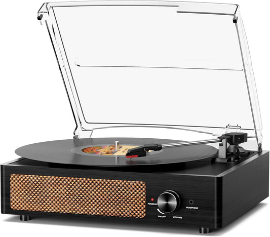 Record Player for Vinyl with 2 Build-in Speakers LP Vinyl Players Belt-Driven Vintage Turntables 3 Speed 3 Size, Wireless Bluetooth Playback, AUX-in, RCA Out, Headphone, Auto Stop