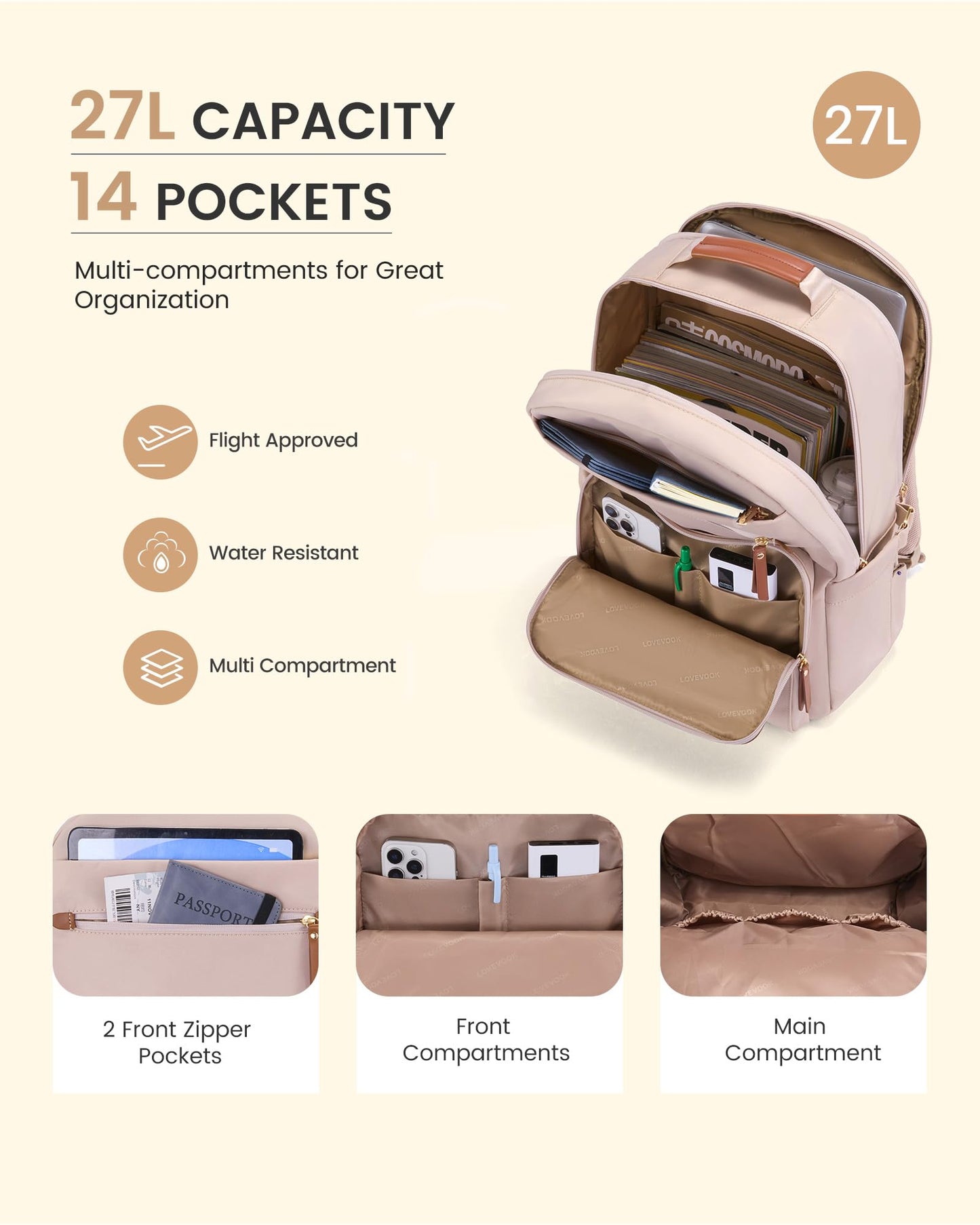 LOVEVOOK Laptop Backpack for Women with Leather Trim & Tumbler Pockets, 15.6" Work Backpack Purse, Travel Personal Item Bag, Carry On Business Computer Bag for Office, School, or Gift, Sage Green