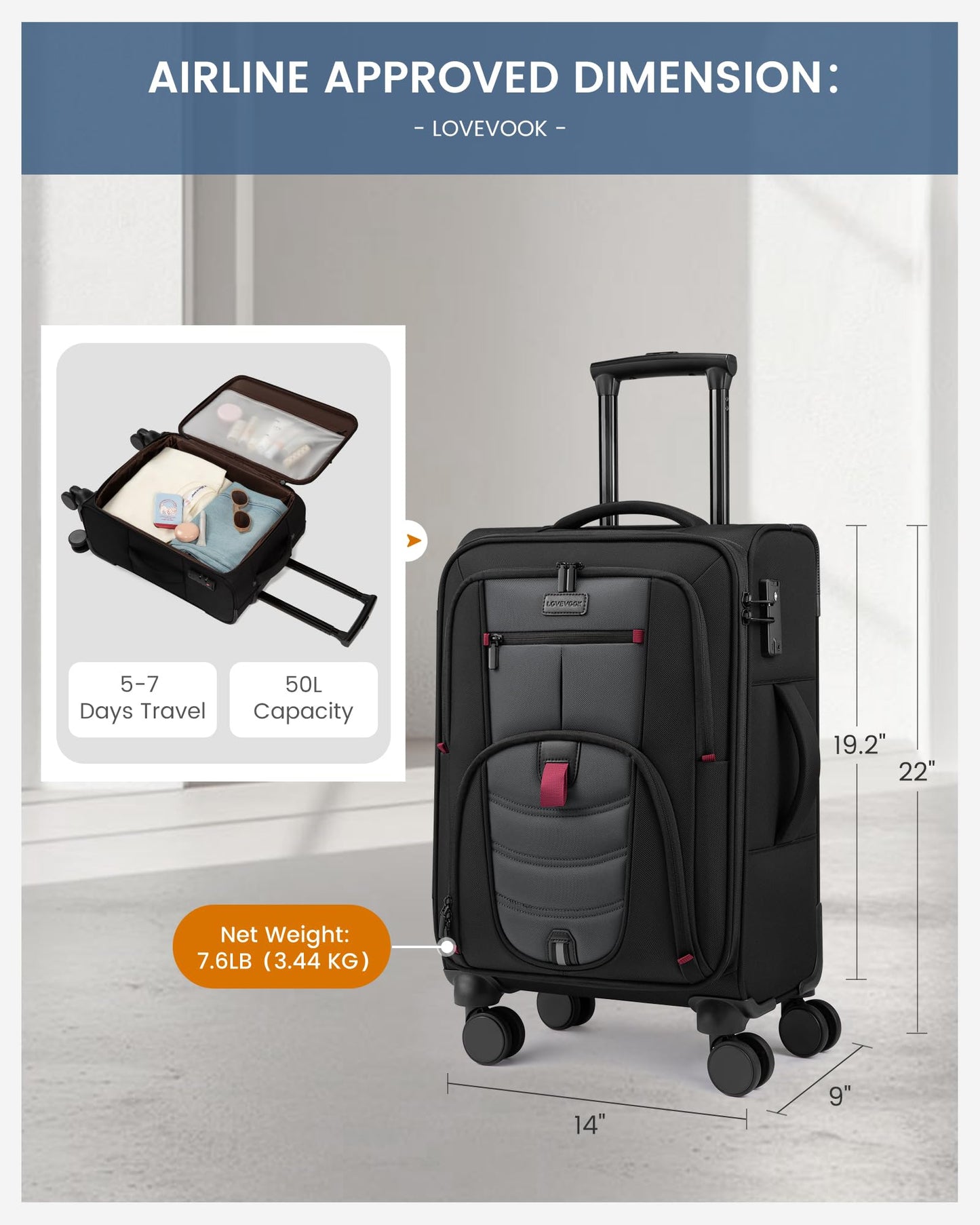 Carry On Luggage 22x14x9 Airline Approved with TSA Lock for Business Trip