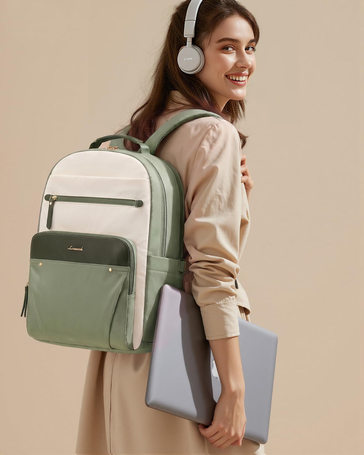 LOVEVOOK Laptop Backpack for Women with Leather Trim & Tumbler Pockets, 15.6" Work Backpack Purse, Travel Personal Item Bag, Carry On Business Computer Bag for Office, School, or Gift, Sage Green