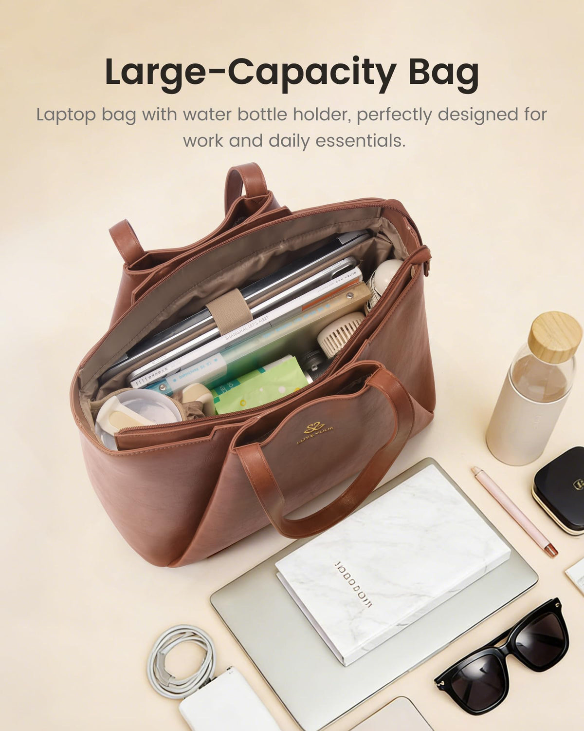 LOVEVOOK Laptop Tote for Women - 15.6 Inch Faux Leather Laptop Bag with Clutch, Large Capacity Office Purse Computer