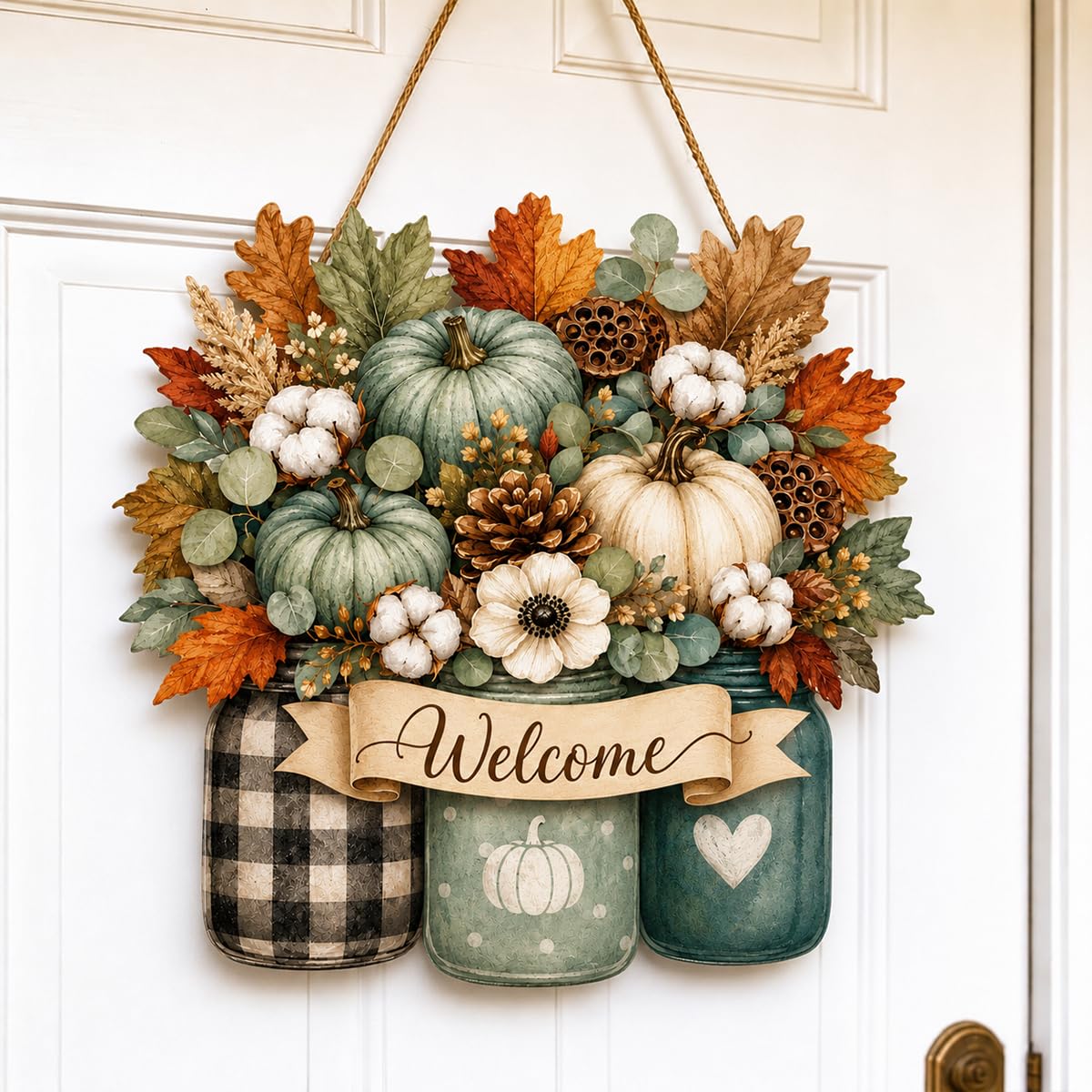 Fall Door Decor Wooden Pumpkin Door Hanger, Welcome Sign for Front Door