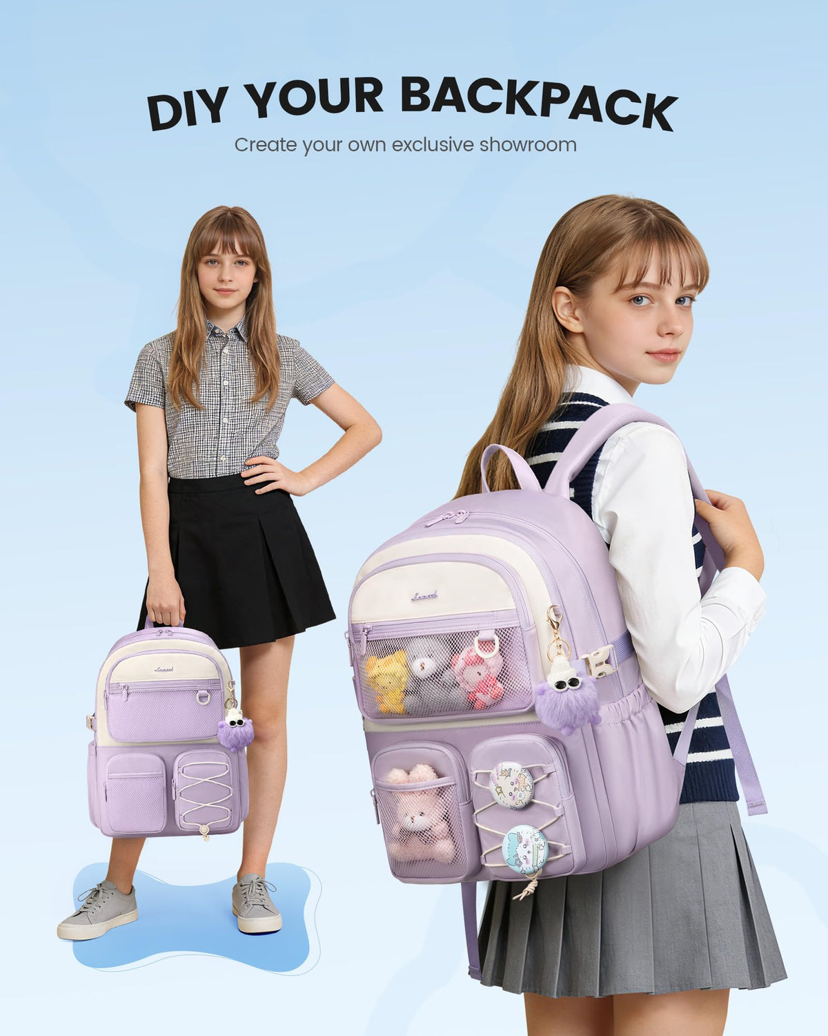 LOVEVOOK School Backpack for Teen Girls, Student Cute Bookbag Purse for Middle High School, 15.6 Inch Laptop Kid Backpack Back to School with Large Cup Holder, College Travel Bag, Beige Blue