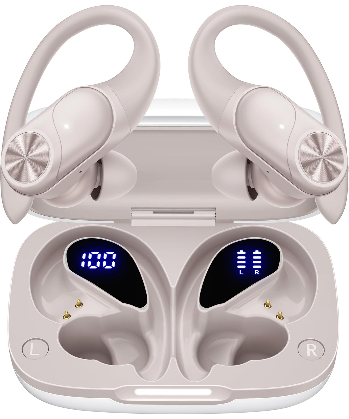 PocBuds Bluetooth Headphones Wireless Earbuds 80hrs Playtime Wireless Charging Case Digital Display Sports Ear Buds with Earhook Deep Bass IPX7 Waterproof Over-Ear Earphones for TV Phone Laptop Olive