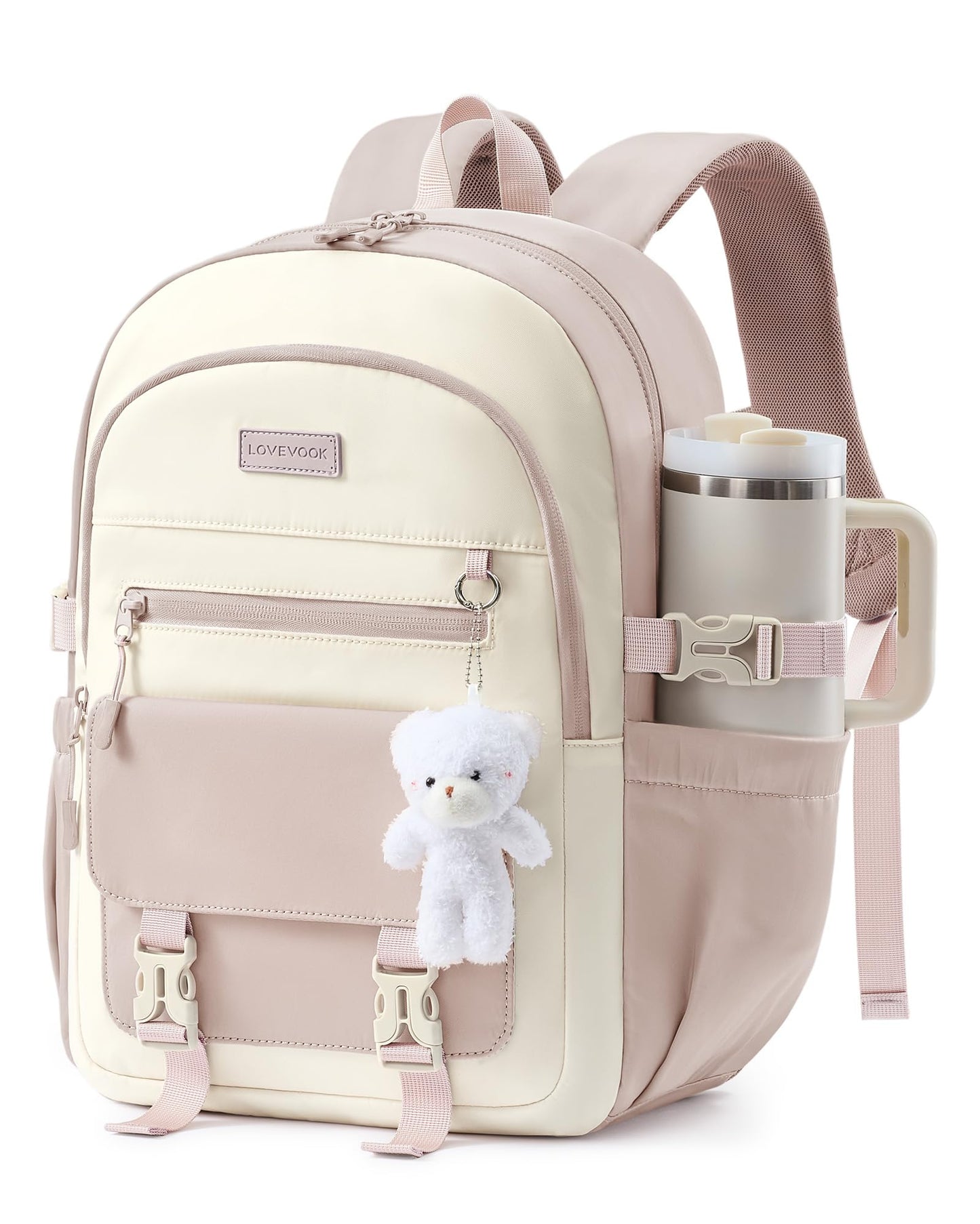 LOVEVOOK School Backpack for Teen Girls, Cute Student Bookbag Fits 15.6 Inch Laptop, Back to School Backpacks for 8-18 Teenager Kid, Large College Travel Back Pack with Water Bottle Holder Pink