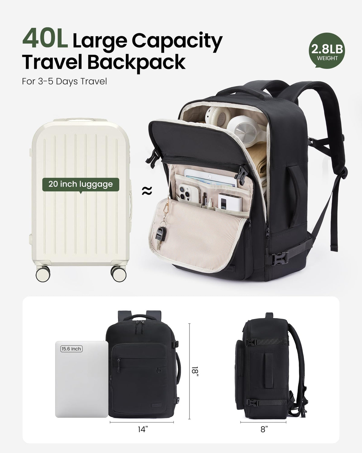 LOVEVOOK 40L Travel Backpack for Women Men, Carry on Backpack for Travel