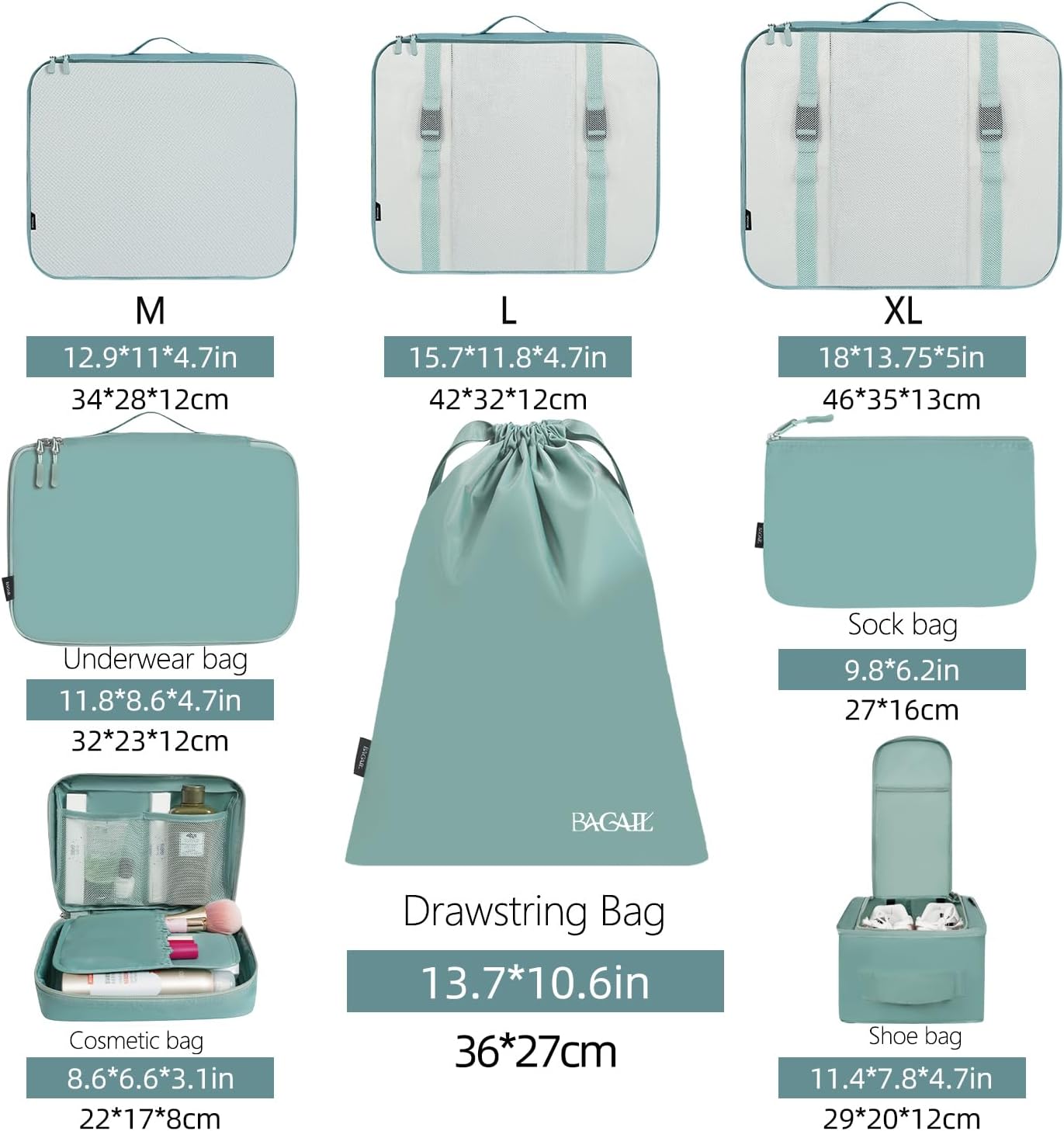 BAGAIL 8 Set Packing Cubes Luggage Packing Organizers for Travel Accessories-Aqua Color