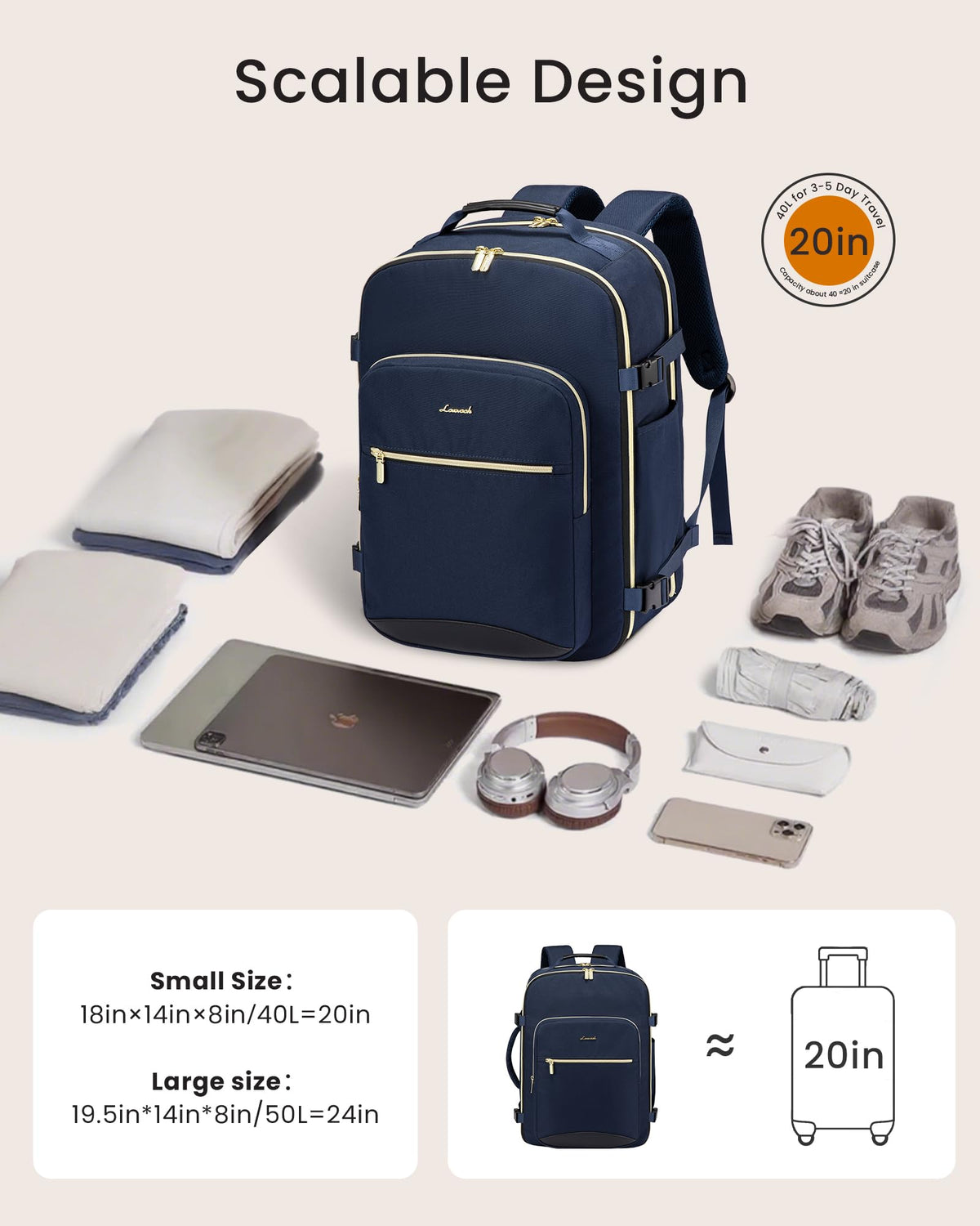 LOVEVOOK 40L Large Travel Backpack for Women Men, 17 Inch Carry on Backpack for Traveling on Airplane, Personal Item Bag Airline Approved, Business Causal Weekender Backpack, Black-Brown