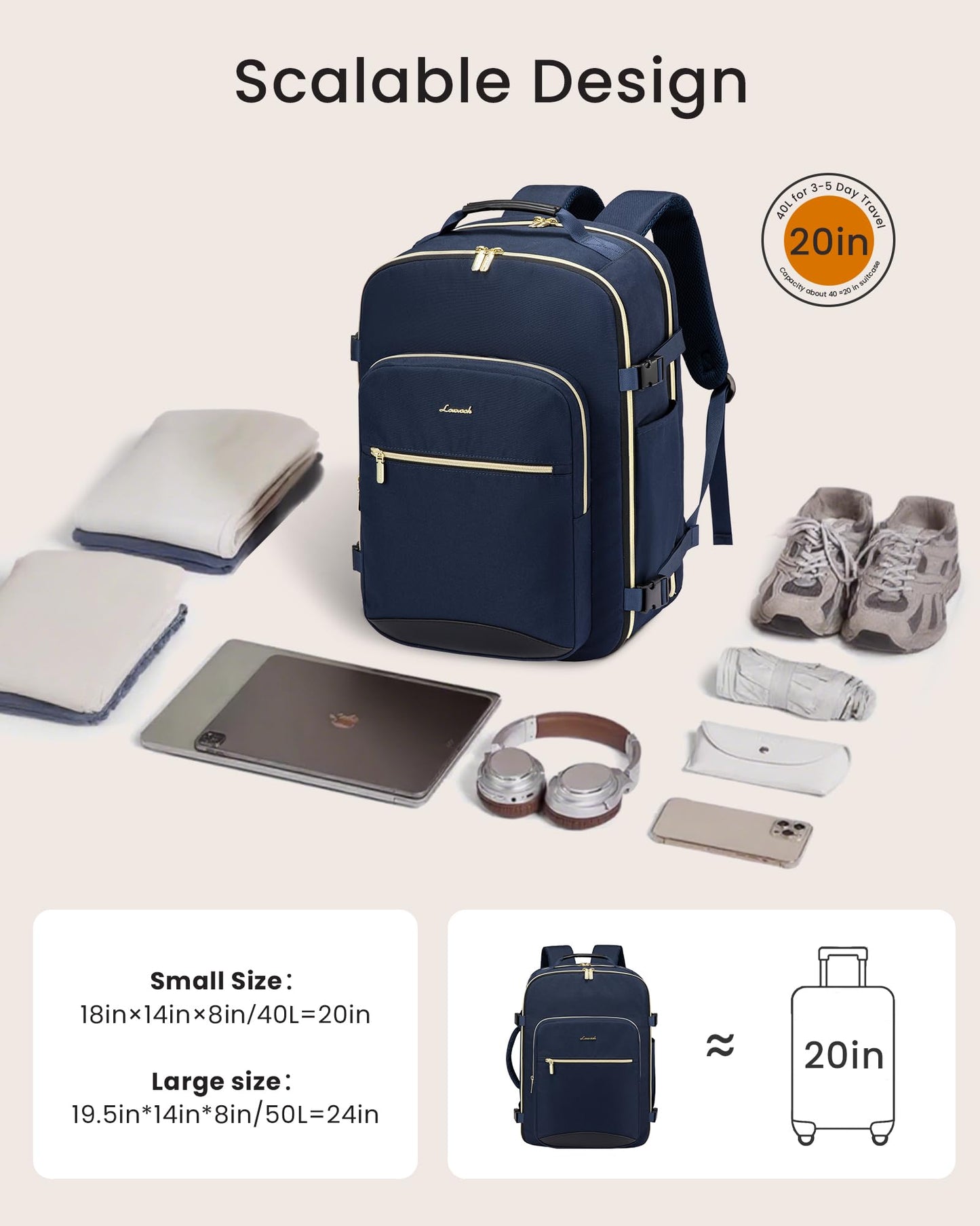 LOVEVOOK 40L Large Travel Backpack for Women Men, 17 Inch Carry on Backpack for Traveling on Airplane, Personal Item Bag Airline Approved, Business Causal Weekender Backpack, Black-Brown