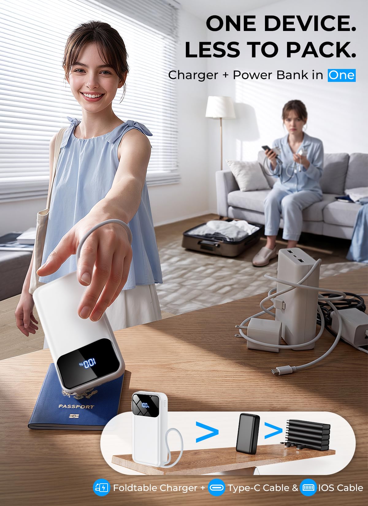 Portable Charger 50000mAh, Power Bank with Built-in Cables & Wall Plug