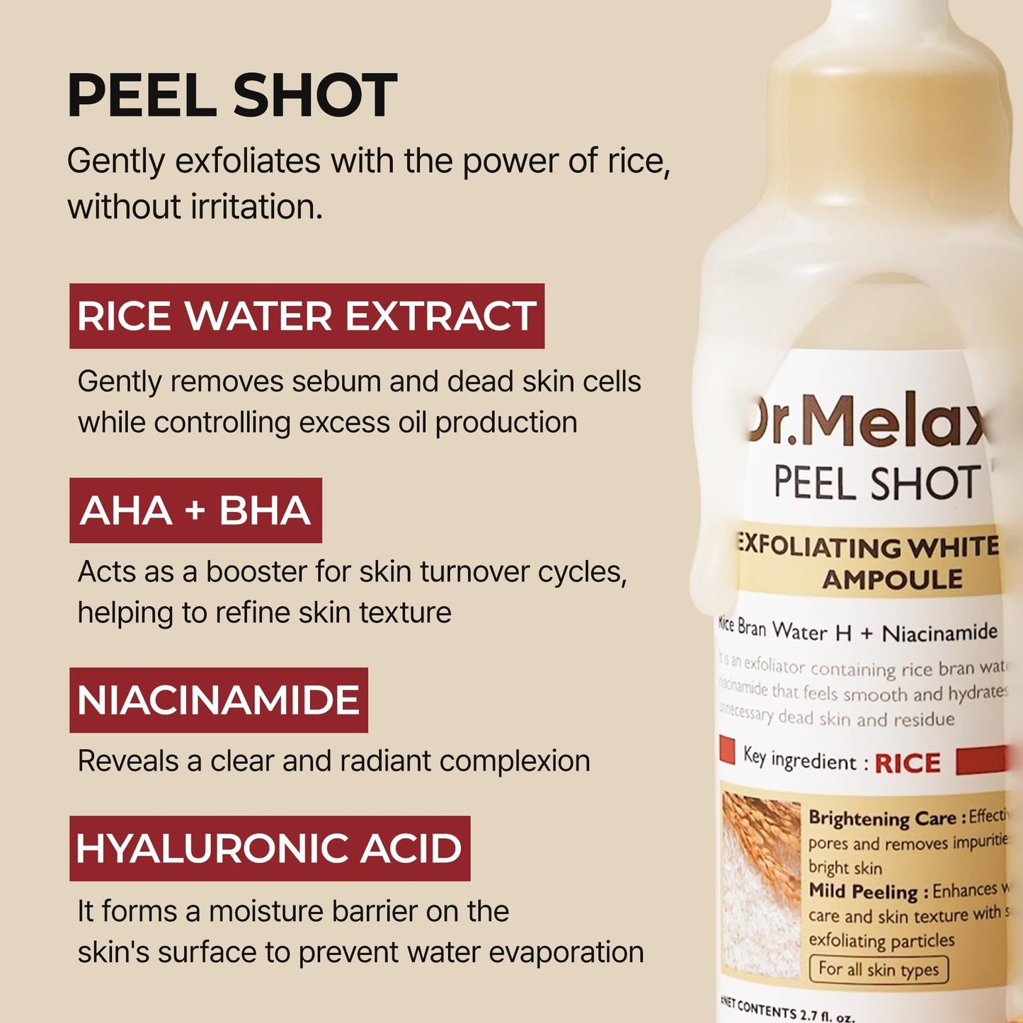 Dr.Melaxin Peel Shot Black Rice Exfoliating Ampoule, Face Exfoliator with AHA BHA Niacinamide Rice Bran Water, Blackhead Remover, Pore Minimizer, Brightening Glass Skin Serum, Korean Skin Care, 2.7 oz